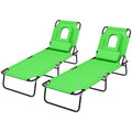 Outdoor Foldable Sun Lounger Set of 2 with 4-Level Adjustable Backrest, Pillow & Reading Hole - Green