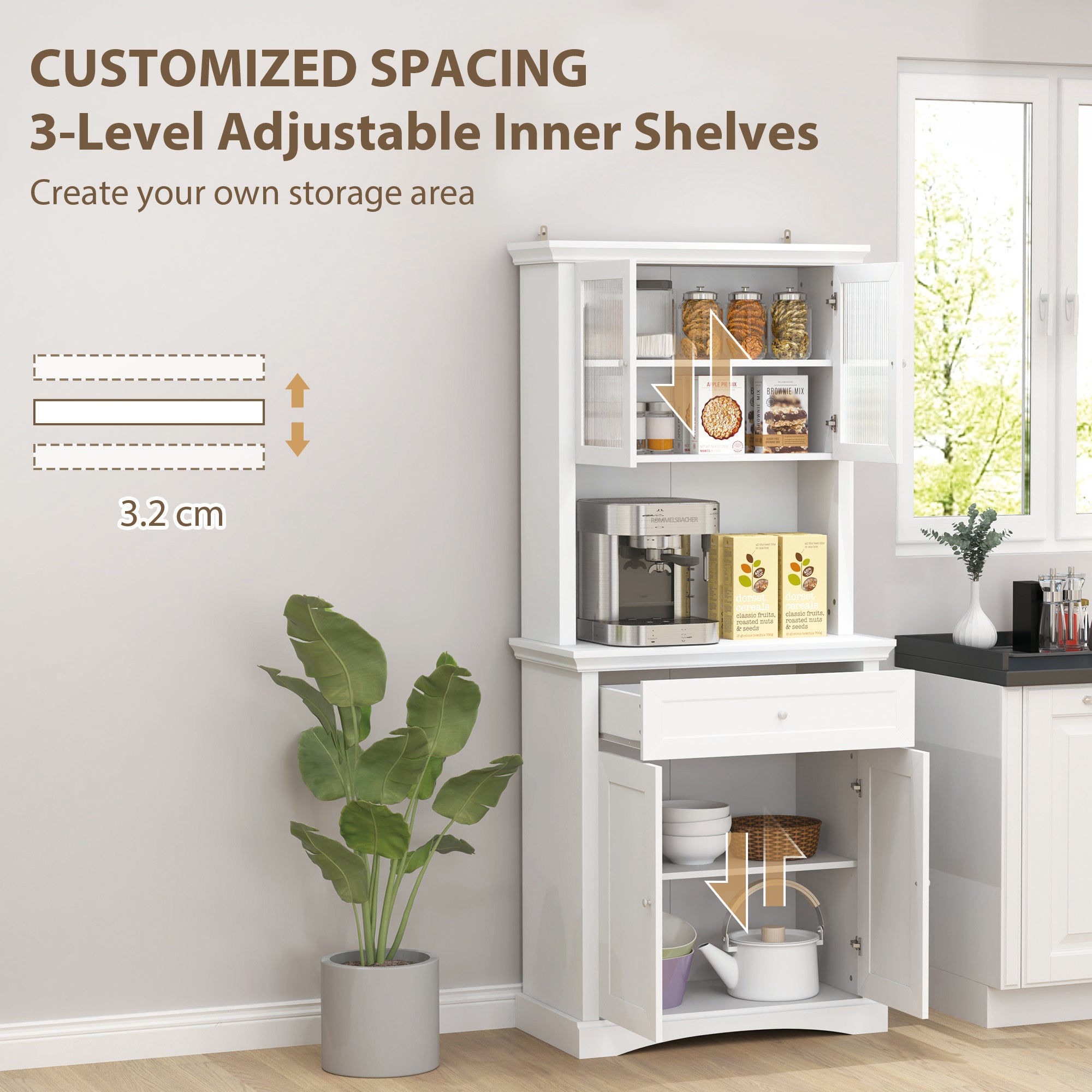4-Door Kitchen Cupboard with Drawer, Freestanding Kitchen Cabinet with Glass Doors, Adjustable Shelves and Open Counter, White