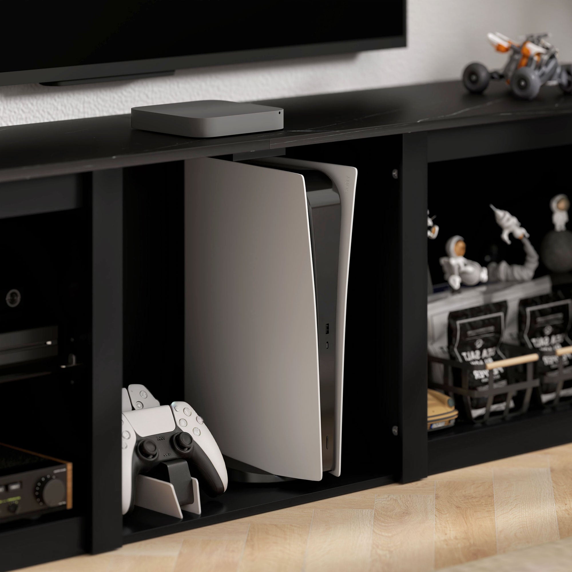 65" TV Stand, with LED Lights and Storage - Black
