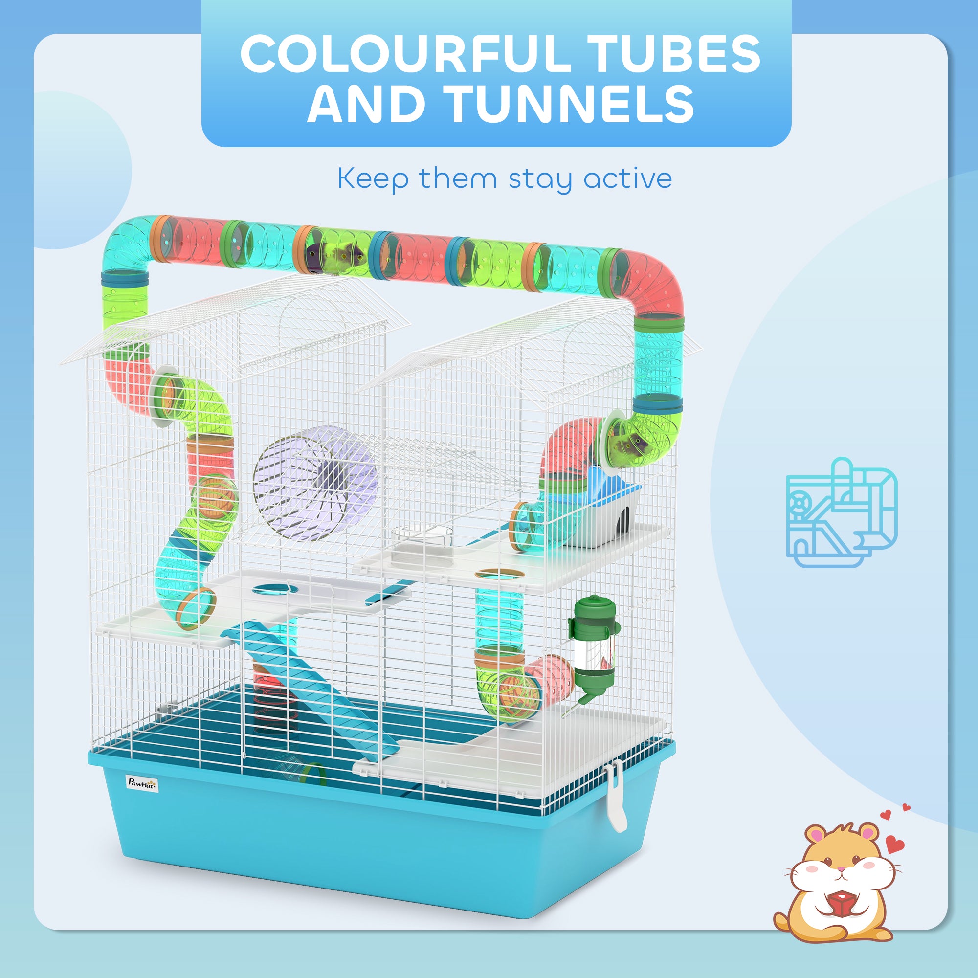 4 Tier Hamster Cage w/ Tubes, Exercise Wheel, Hut, Water Bottle, Food Dish, Ramps, for Drawf, 58 x 36 x 65cm, Light Blue