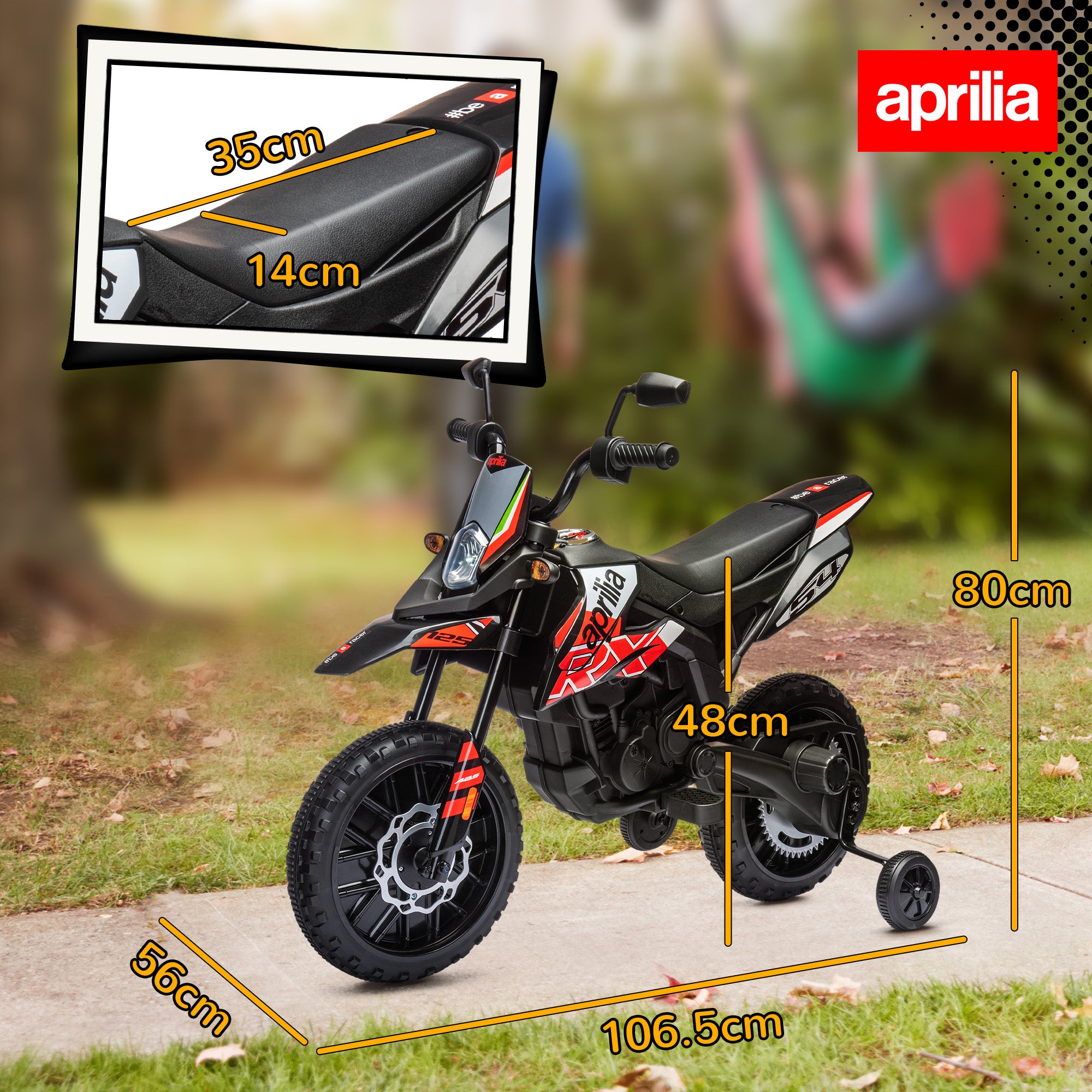 12V Aprilia Licenced Kids Motorbike with Training Wheels, Spring Suspension, LED Light, USB, Music, Red