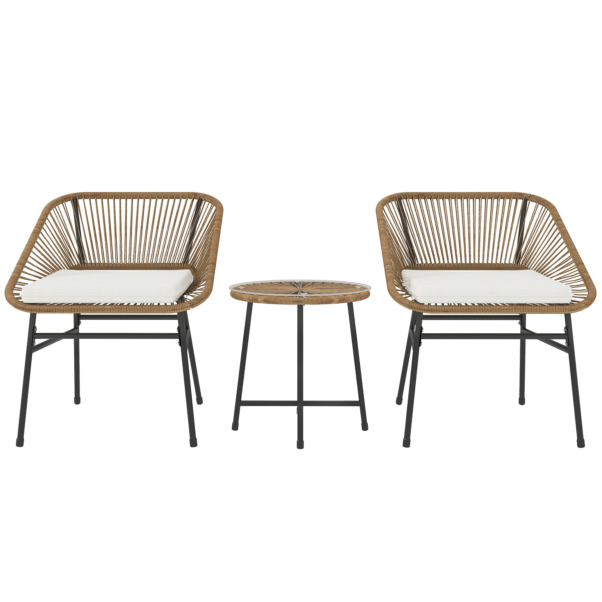 3 Pieces Rattan Bistro Set with Cushions and Glass Top Table for Outdoor Patio Balcony - Natural
