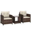 Rattan Bistro Set, 3 Piece Garden Furniture Set with 2 Tier Glass Top Table and Cushions, Mixed Brown
