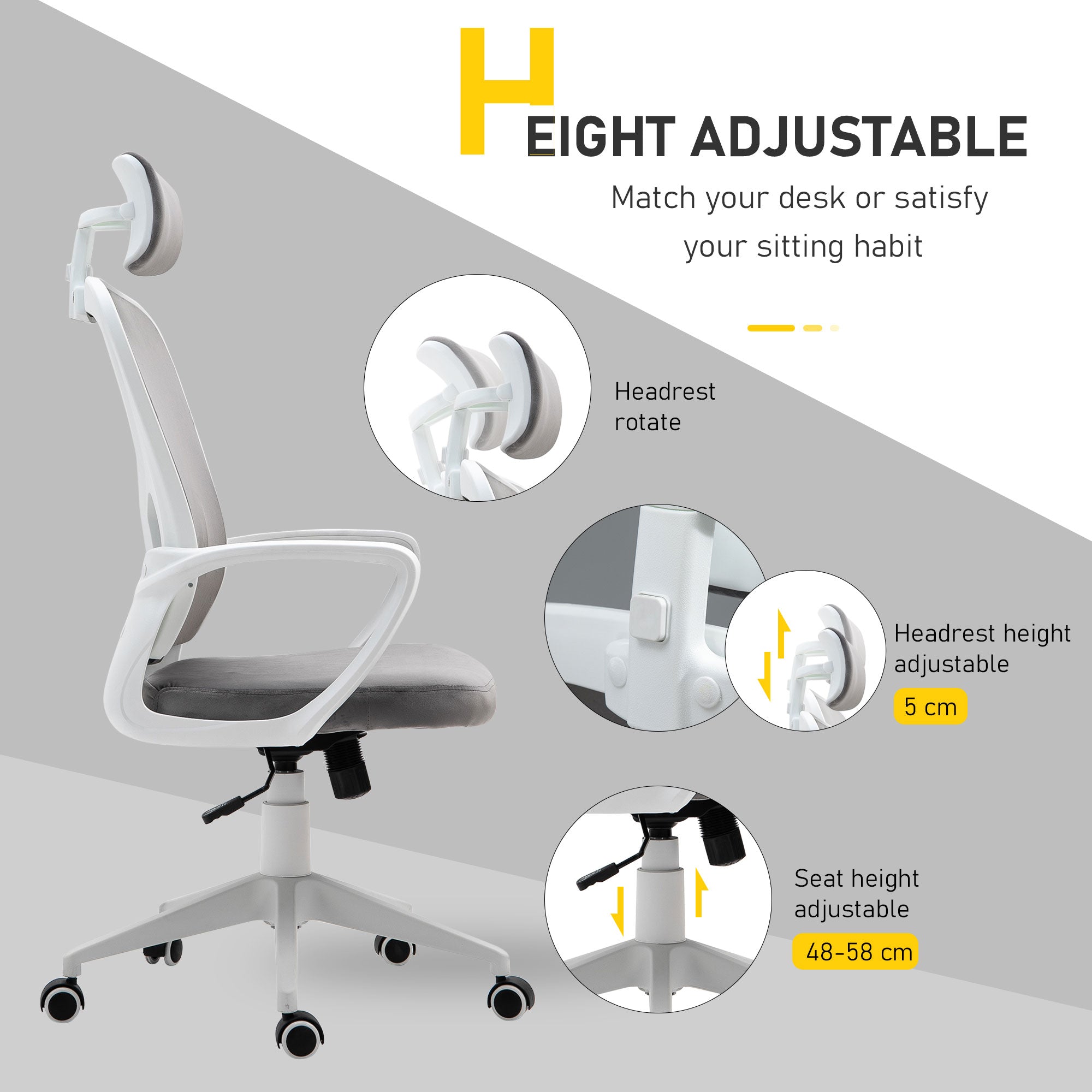 Office Chair, Ergonomic Desk Chair, High Back Velvet Fabric Computer Chair with Adjustable & Liftable Headrest for Home, Grey