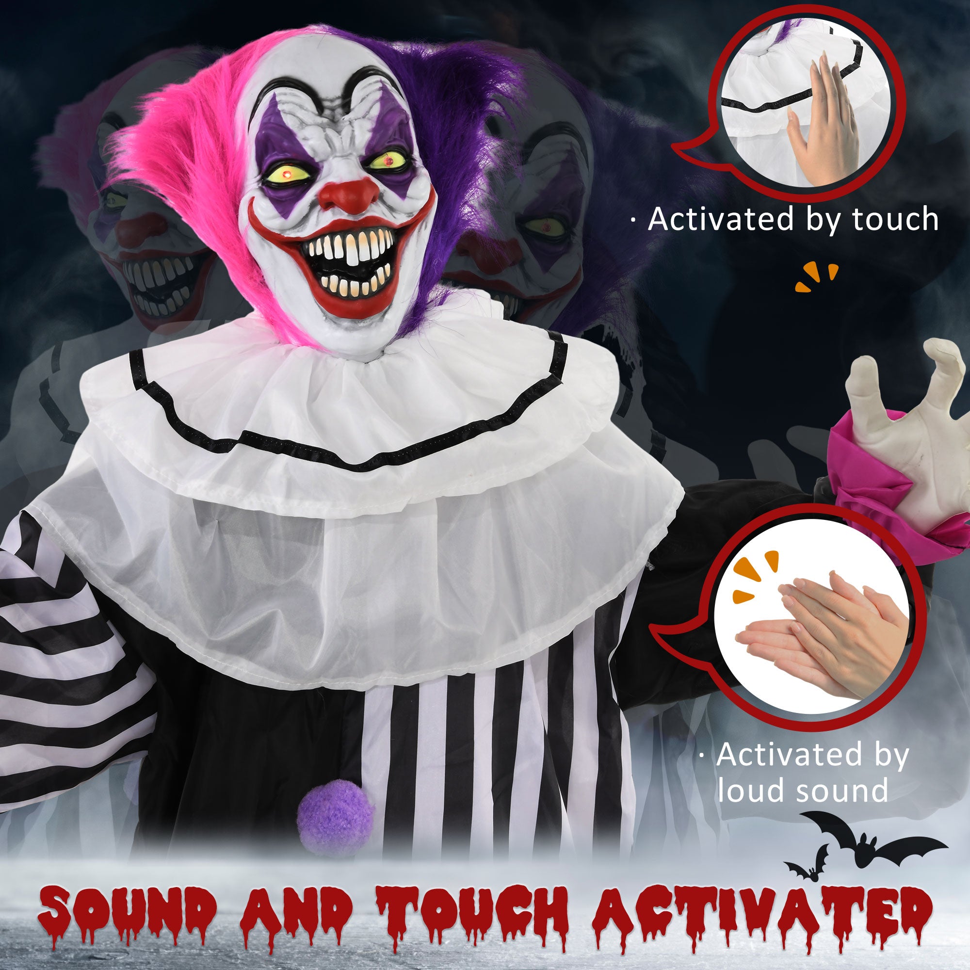 5'6" Scary Laughing Clown Halloween Animatronic, with Glowing Eyes