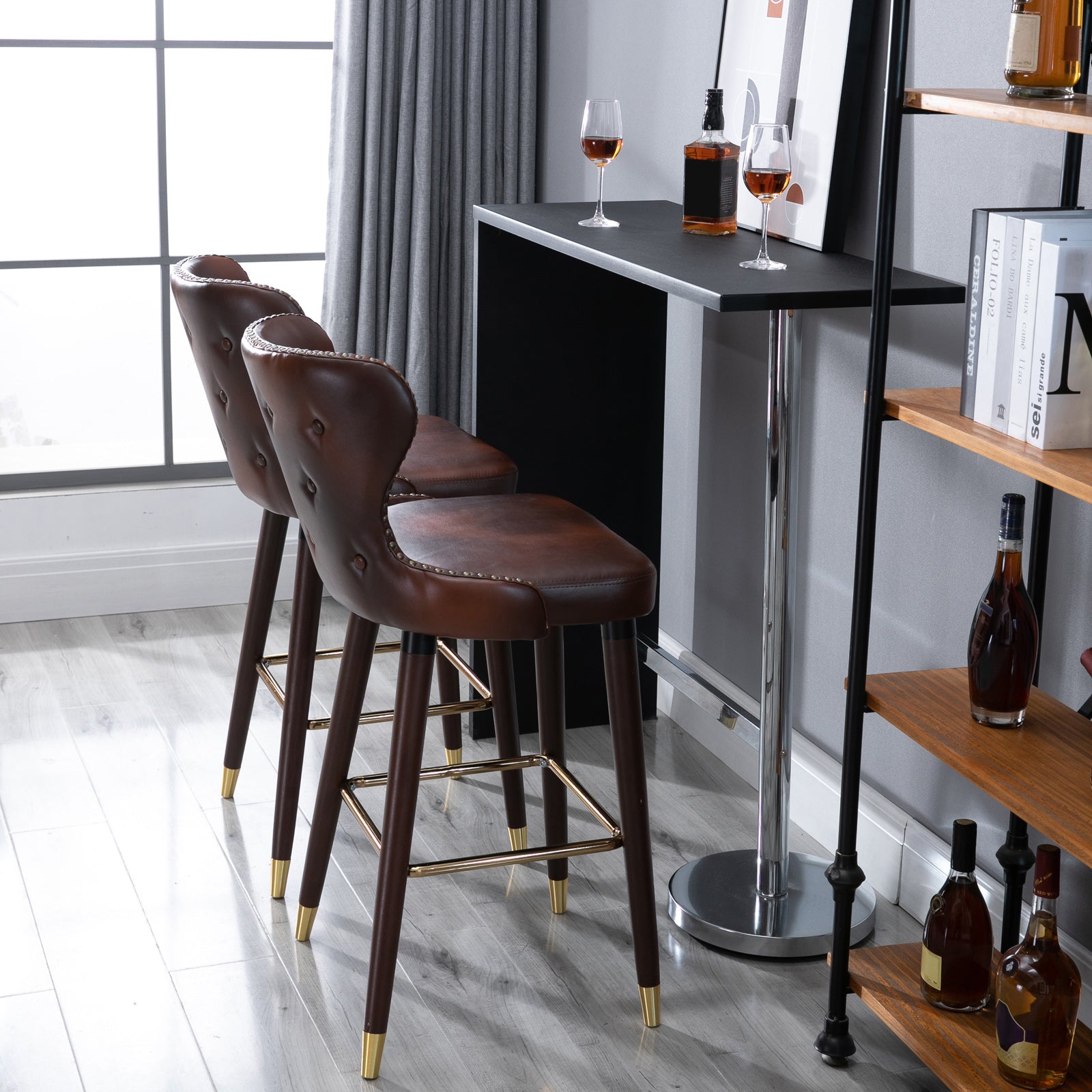 Bar Stools Set of 2, PU Leather Upholstered Breakfast Bar Chairs with 71cm Seat Height, Retro Kitchen Stools with Wingbacks, Nailhead Trim and Footrest, Brown