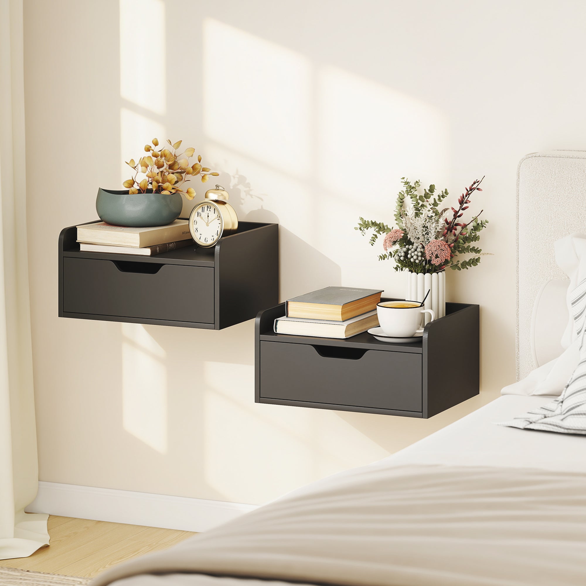 Floating Nightstands Set of 2, Wall Mounted Bedside Table with Drawer for Bedroom, Black