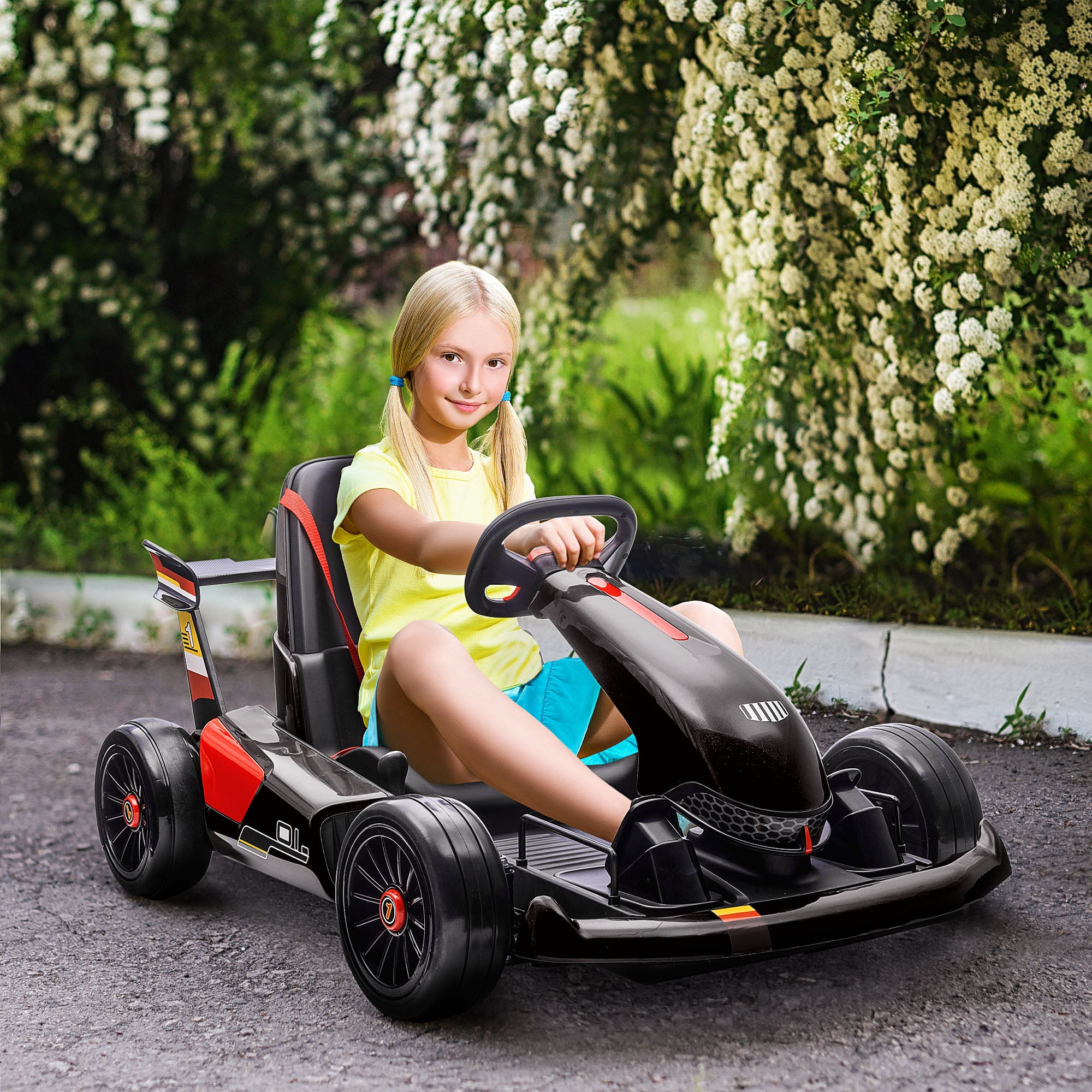 Electric Go Kart with Adjustable Footrest, Reversing Steering Wheel, Kids Ride-On Racing Go Kart with 12V Rechargeable Battery, 2 Speeds, Remote, Light Music Horn, Toy for Boys Girls - Black