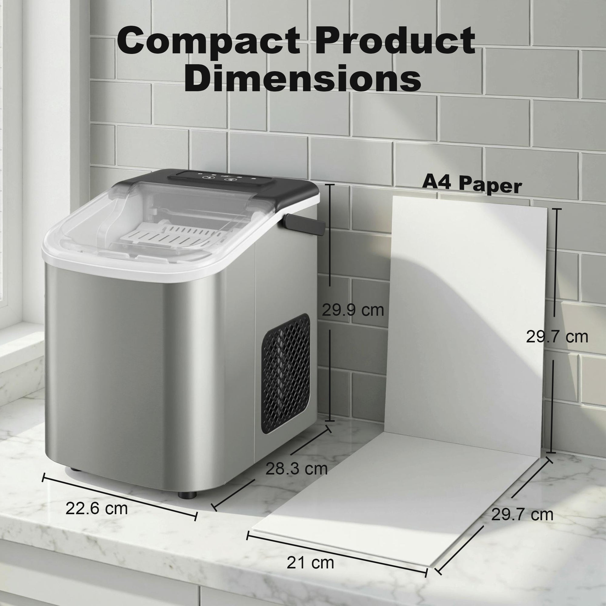 Ice Maker Machine Countertop, 9 Cubes Ready in 7 Mins, 12 KG in 24Hrs, 2 Sizes of Bullet, Self-Cleaning Ice Machine with Portable Handle, Scoop and Basket for Home Kitchen Office RV