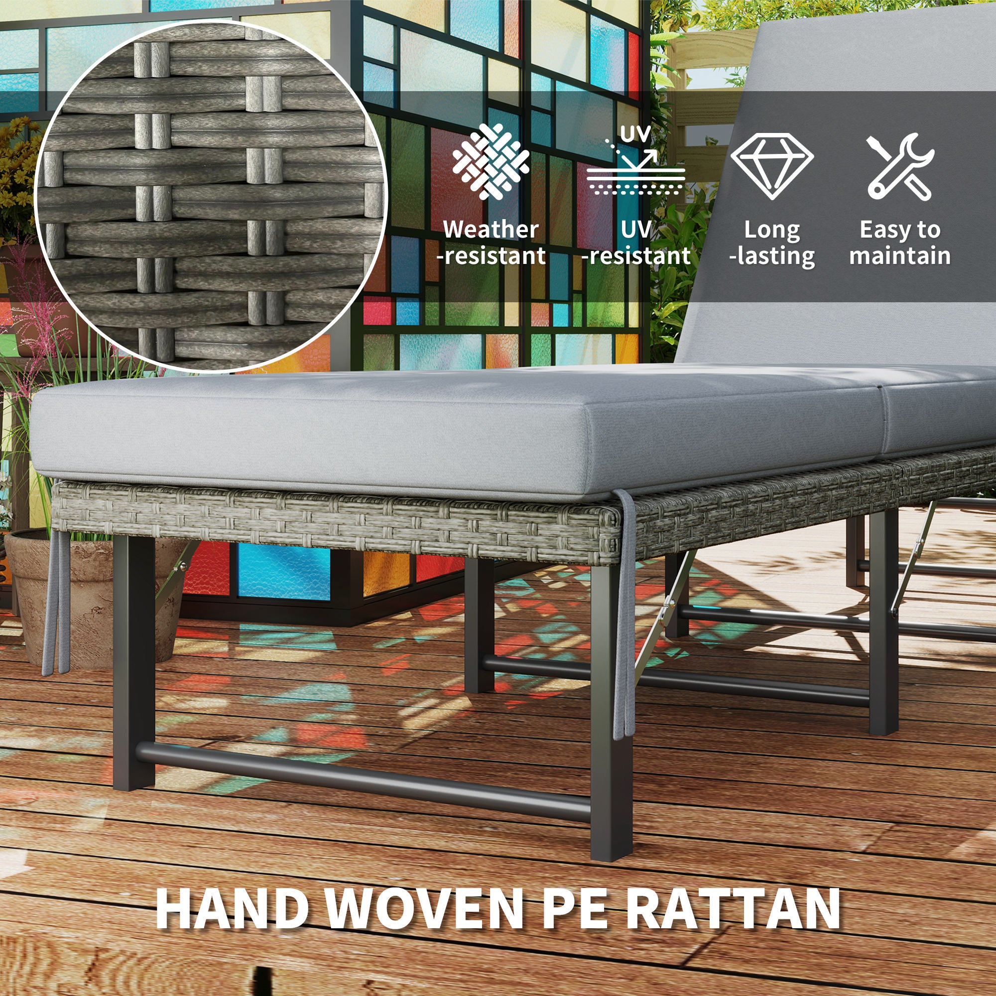 Single Folding Rattan Sun Lounger, with Cushion - Grey