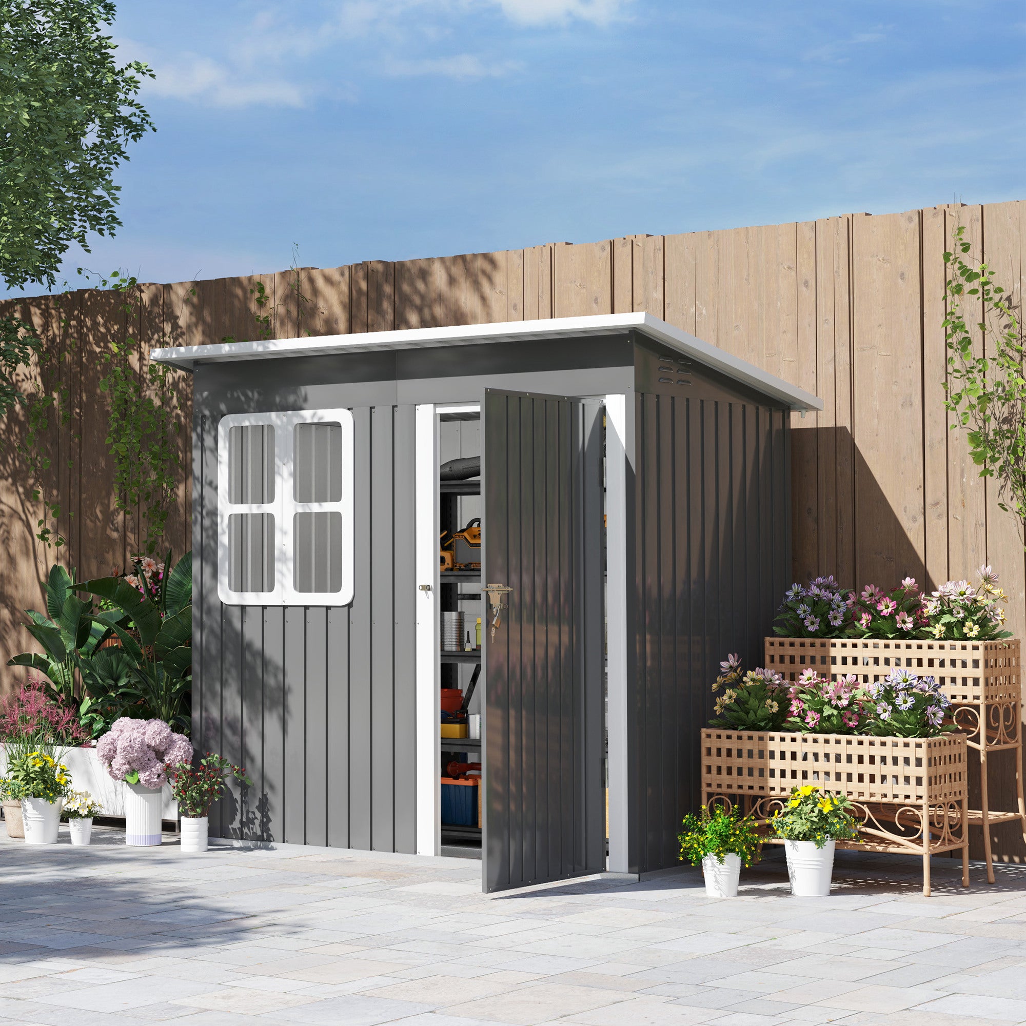 7 x 4ft Galvanised Steel Garden Shed with Lock, Gloves & Foundation Kit - Grey