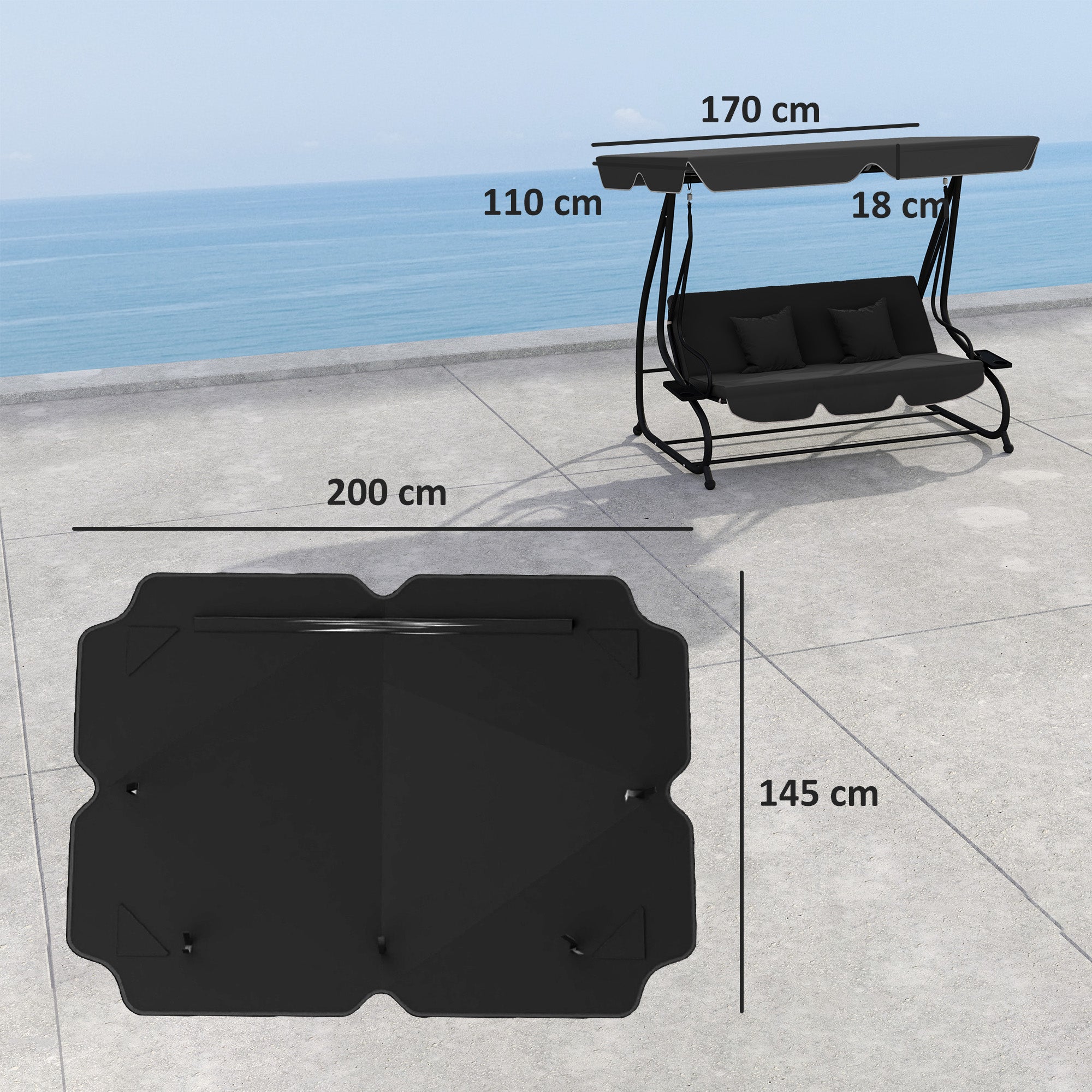 Garden Swing Canopy Replacement 3 Seater, Waterproof Garden Swing Seat Canopy Cover, Windproof Anti-UV Sun Shade (Canopy Only) for Patio, Balcony, Black