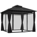 3 x 3 m Outdoor Polycarbonate Double Roof Gazebo with Steel Frame, Nettings & Curtains - Dark Grey