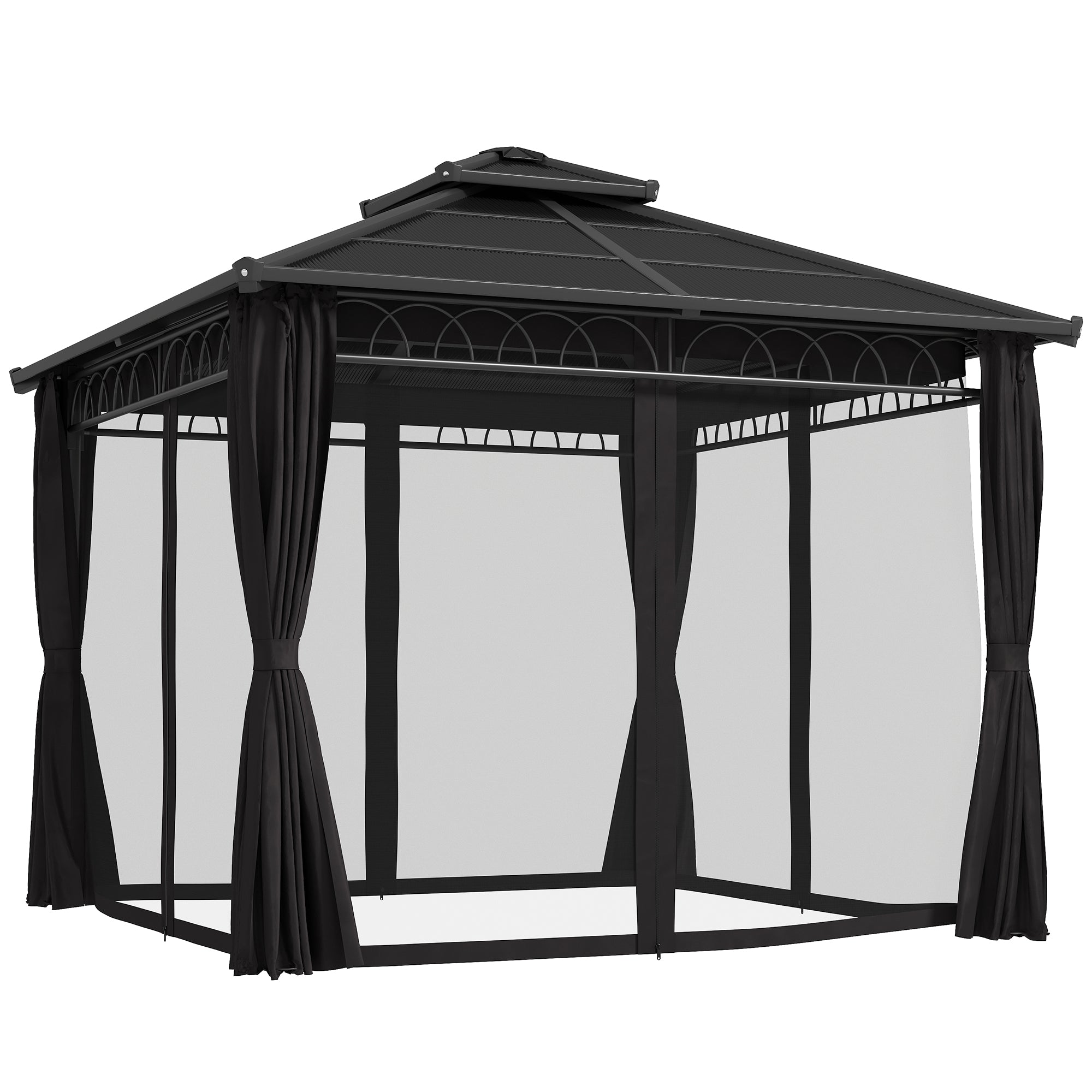 3 x 3 m Outdoor Polycarbonate Double Roof Gazebo with Steel Frame, Nettings & Curtains - Dark Grey