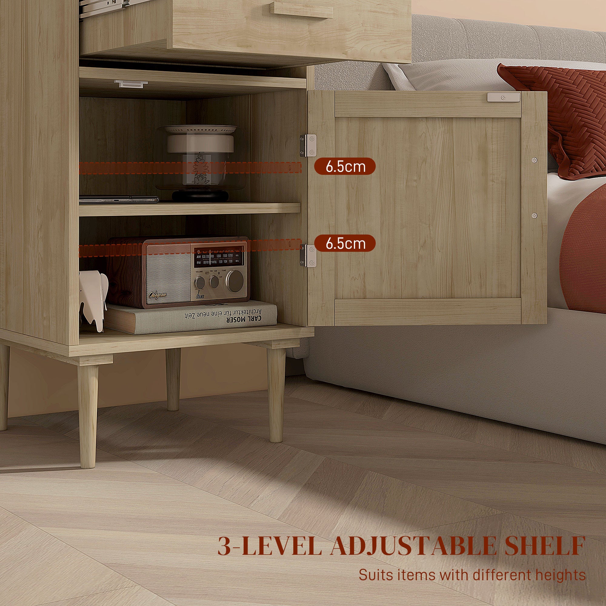 Bedside Tables Set of 2, Rattan Side Tables with Drawer, Cabinet and Adjustable Shelf, Boho Bedside Cabinets with Storage for Bedroom, Living Room, Natural Wood Finish