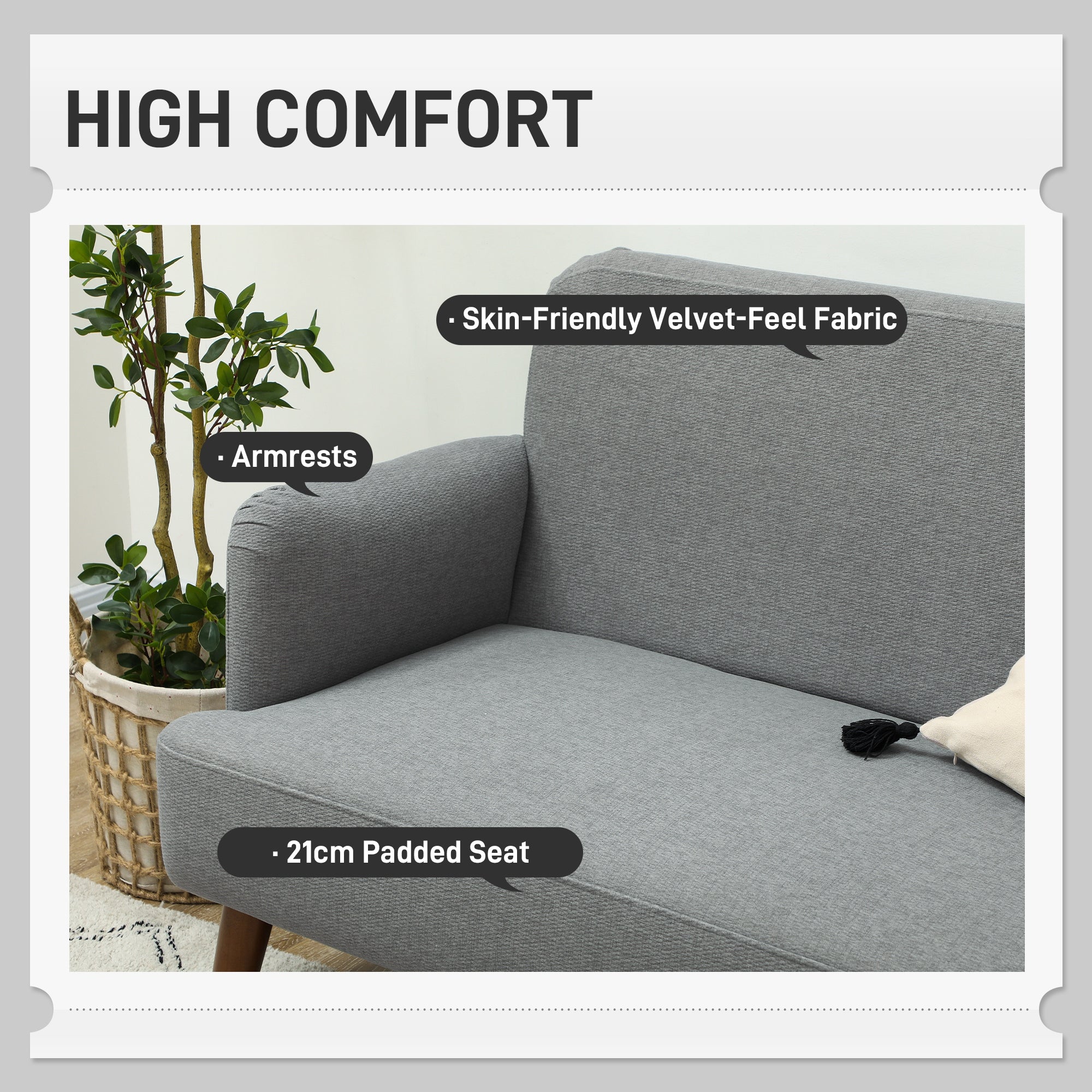 Velvet Feel Fabric 2 Seater Sofa, Small Sofa Loveseat with 21cm Thick Padding and Wood Legs, Grey