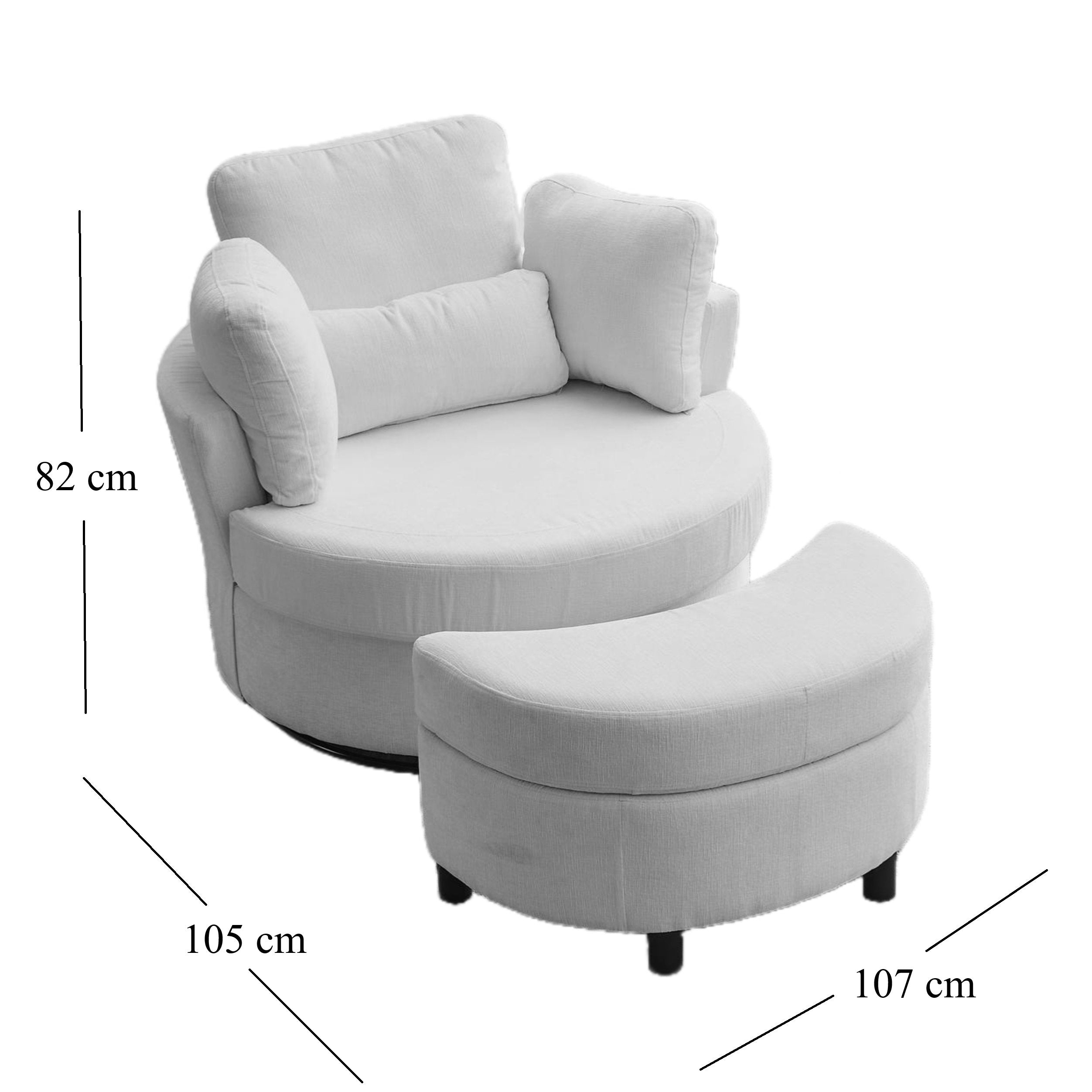 Chenille Swivel Armchair with 3 Back Cushions and Crescent Ottoman Stool, 360° Swivel Recliner Sofa, 107L x 105W x 82H cm, Black