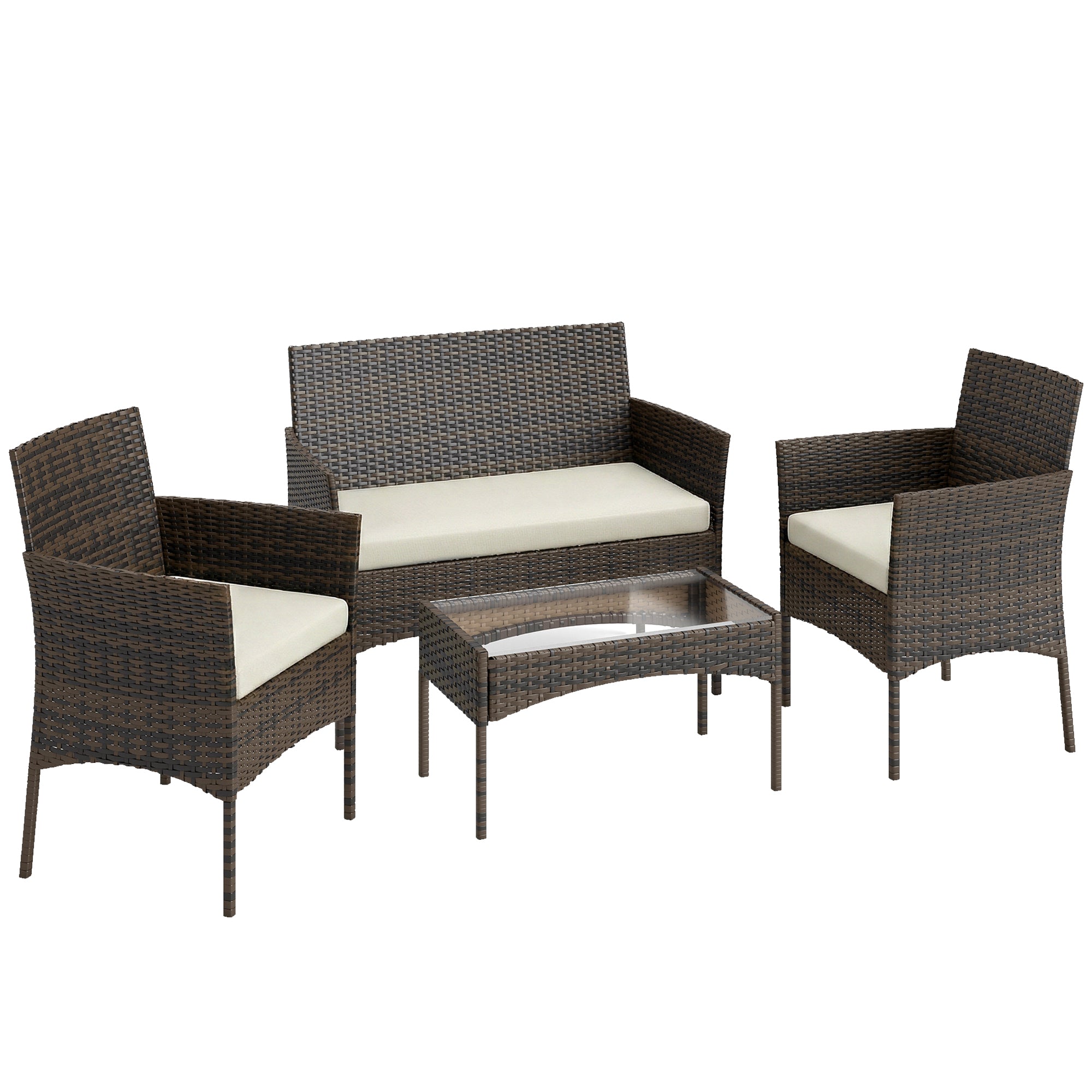 4 Piece Rattan Garden Furniture Sofa Set with Loveseat, Armchairs, Glass-Top Coffee Table and Cushions, Brown