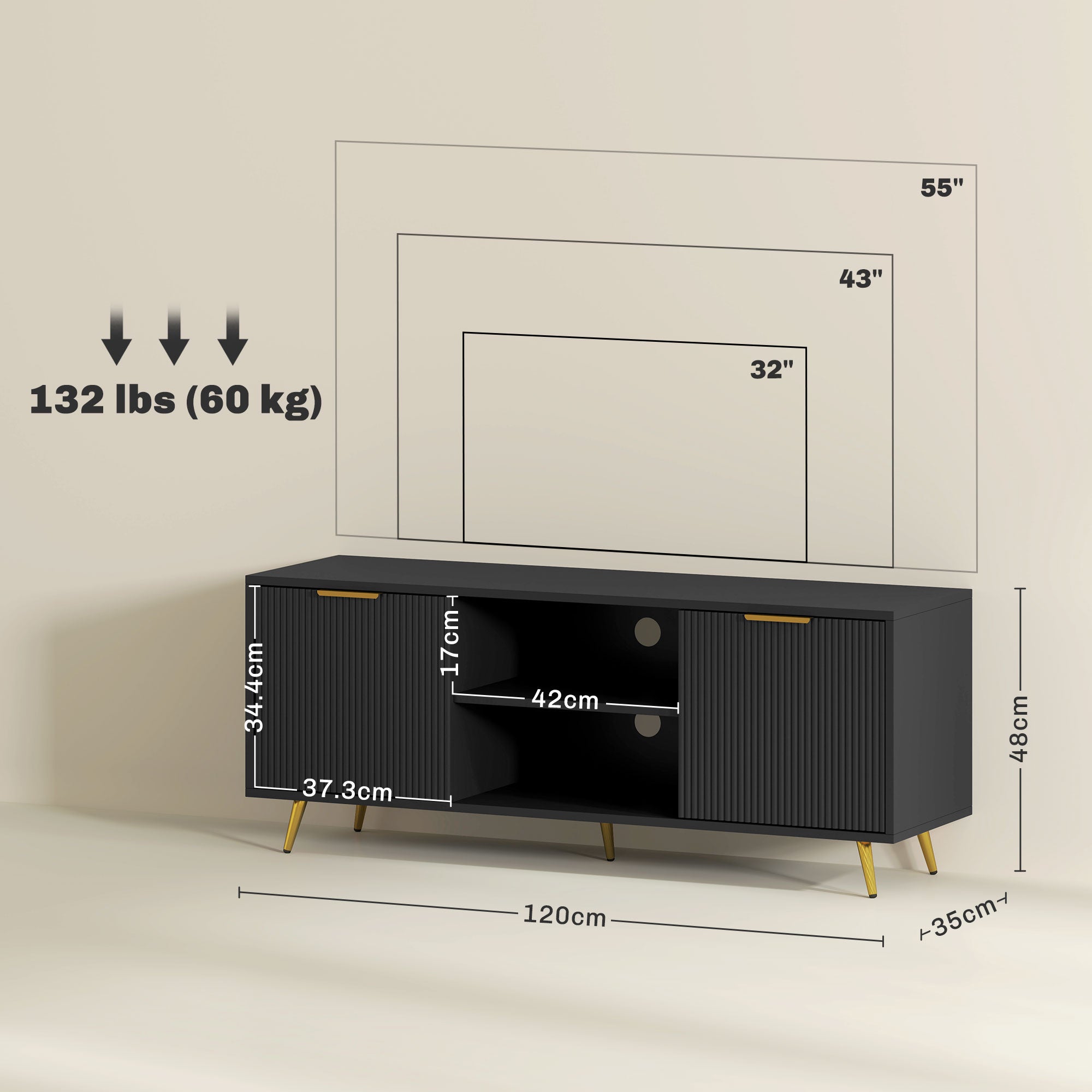 Modern TV Stand Cabinet for TVs up to 55" with 2 Shelves & 2 Cabinets, Cable Management - Black