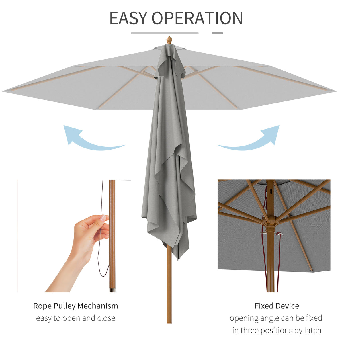 2.5m Wooden Garden Parasol Sun Shade Umbrella - Light Grey