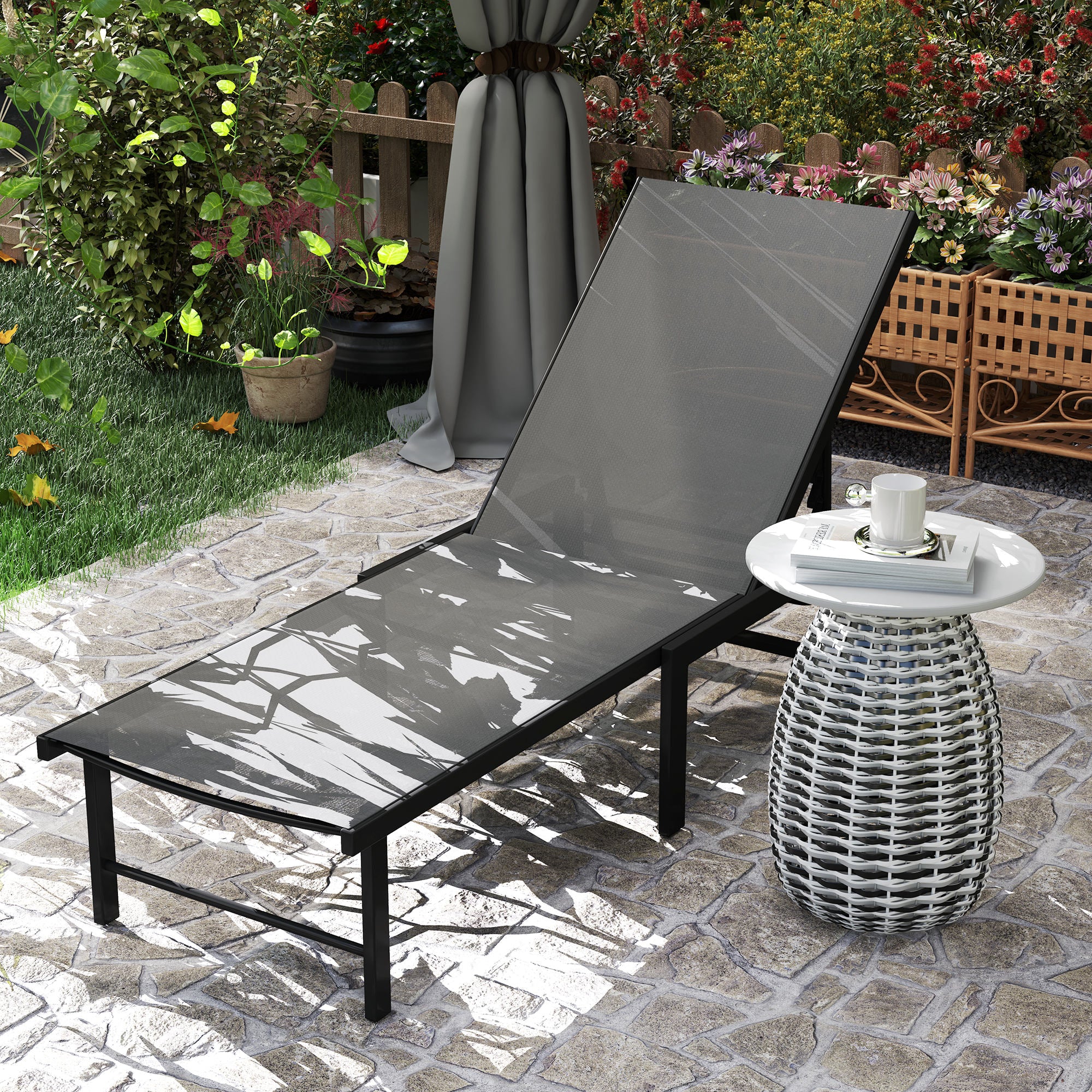 Sun Lounger for Garden, 5-Level Adjustable Reclining Sun Lounger Chair, Flat Garden Lounger Sunbed with Texteline Seat, Steel Frame for Patio, Beach, Grey
