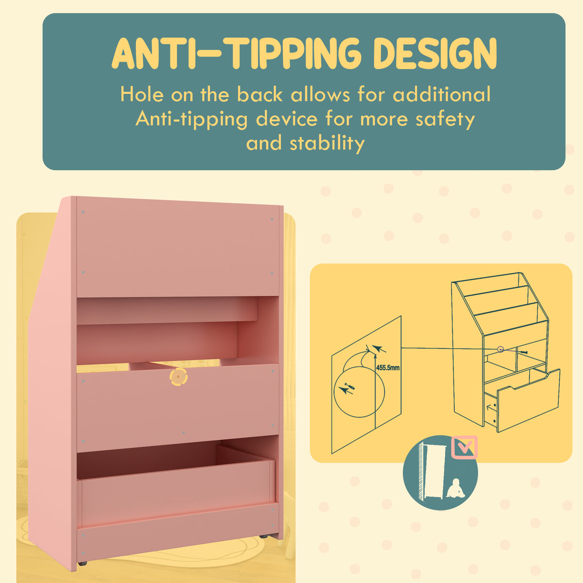 Kids Bookshelf with Storage Drawer and Wheels - Pink