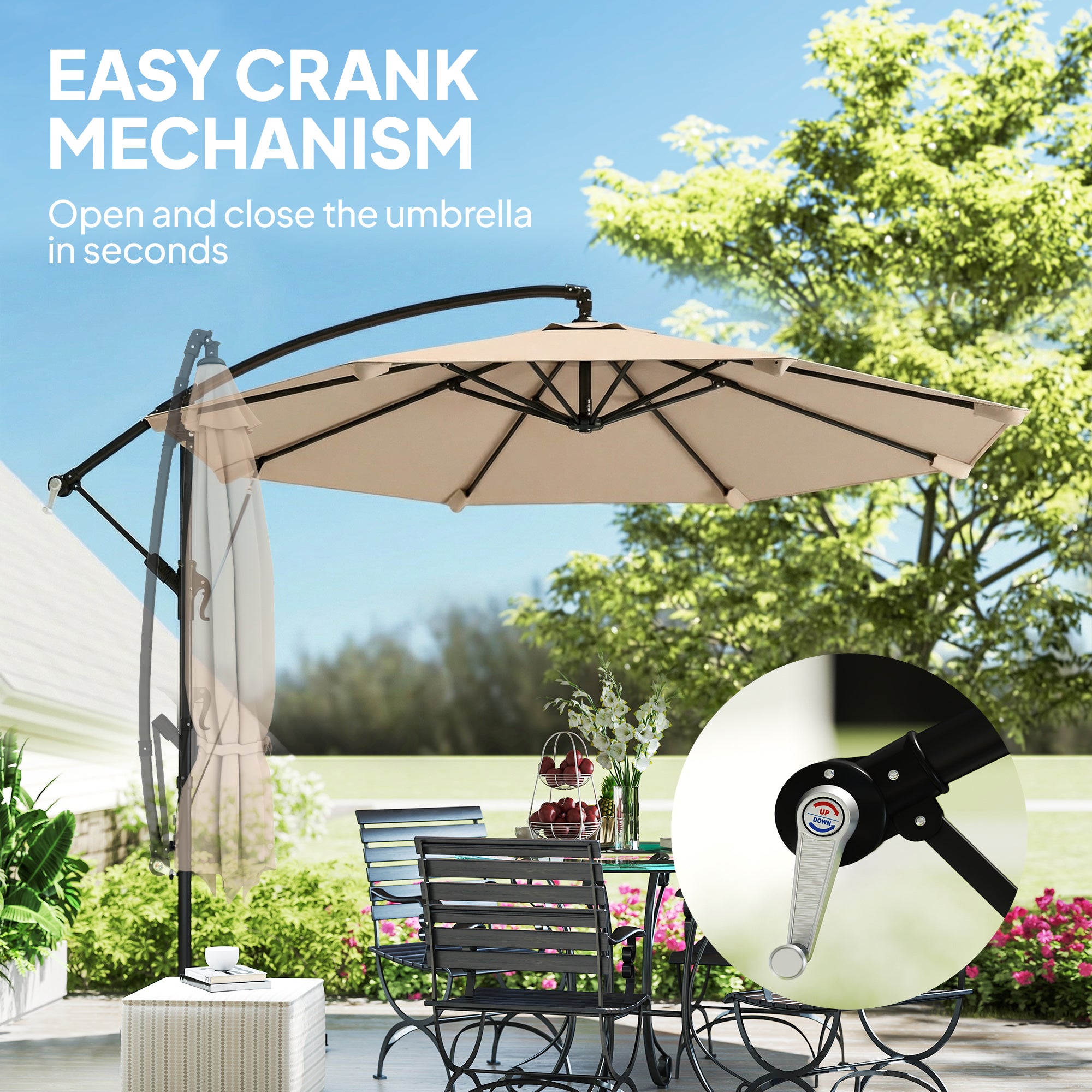 3 m Cantilever Parasol with Protective Cover and Wind Ropes, Banana Parasol with Crank Handle, Khaki