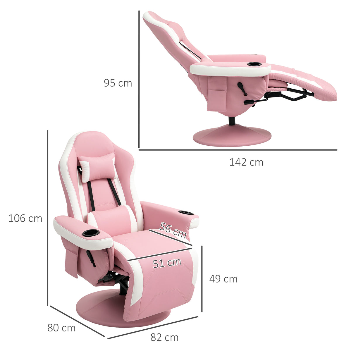 Manual Recliner Armchair with Adjustable Leg Rest, 135° Recline & 360° Swivel - Pink