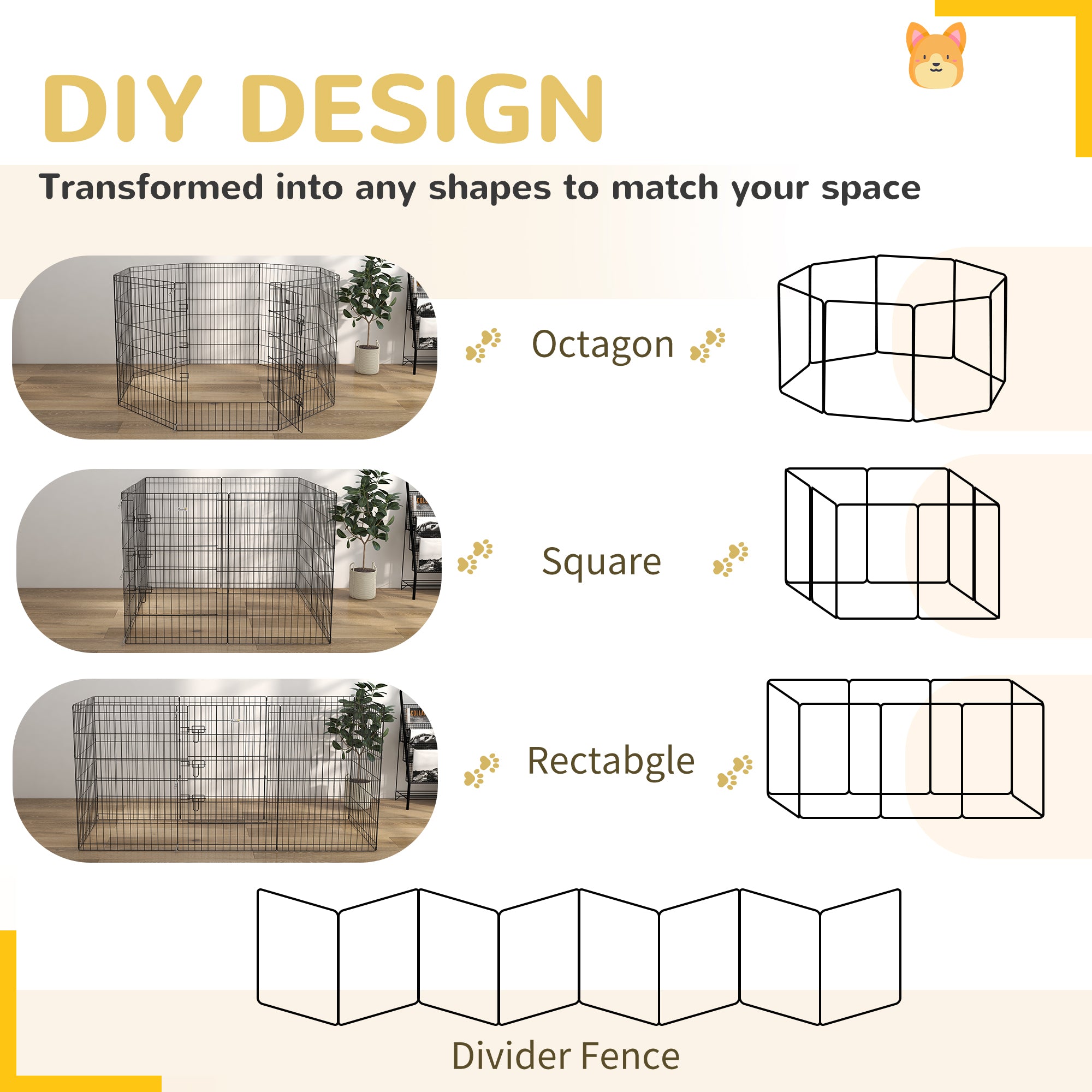 8 Panel DIY Dog Pen with Door, for Dogs, Small Animals, Indoor/Outdoor Use, 91cm High