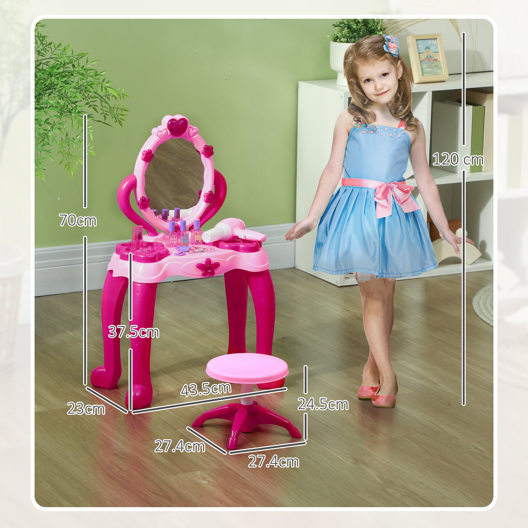 Kids Dressing Table with mirror, Stool, Light, Music, 15 Accessories, for Ages 3-6 Years, Pink