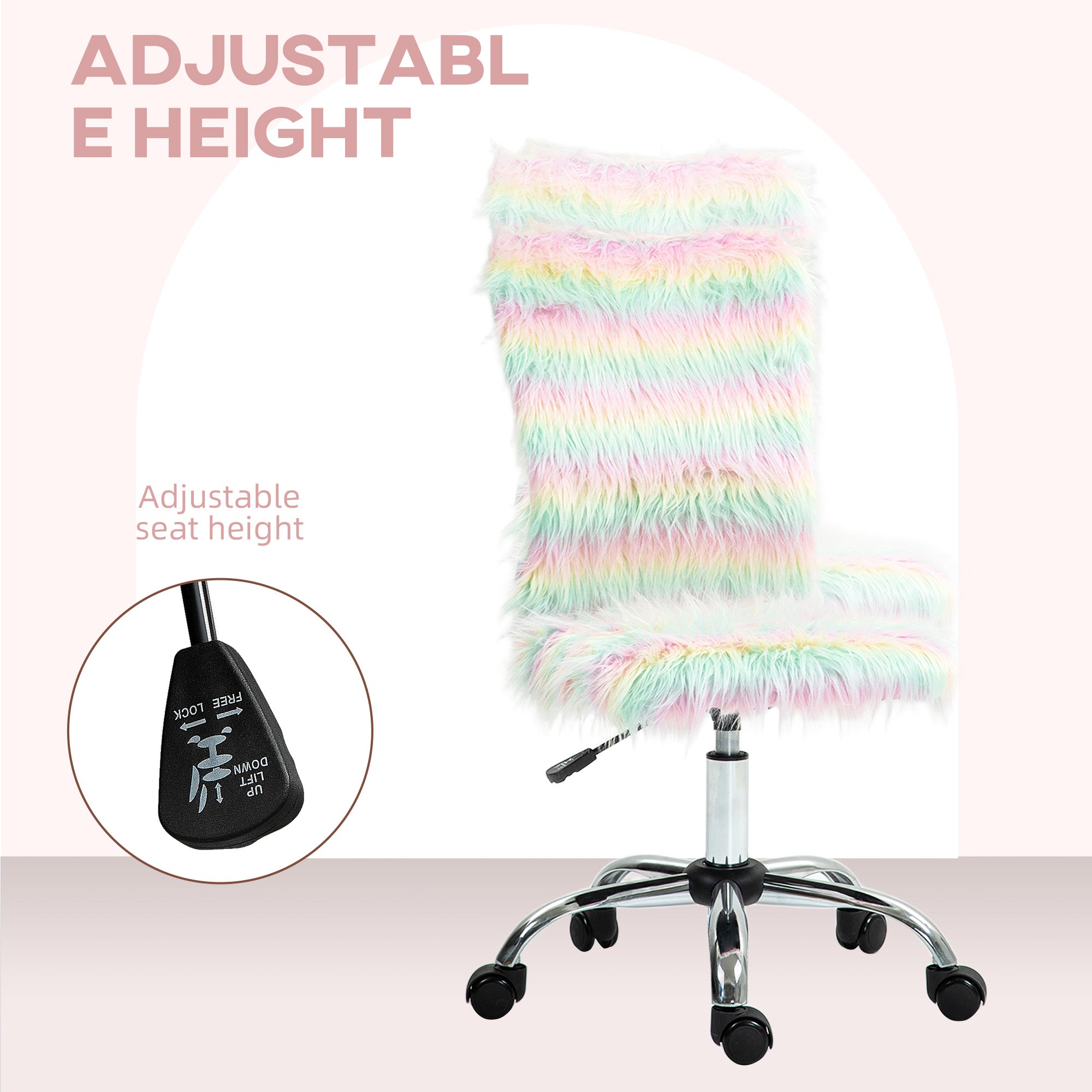 Armless Computer Desk Chair, Fluffy Fabric Swivel Office Chair, Makeup Vanity Chair with Height Adjustable, Wheels, for Home Study Bedroom, Unicorn Tone