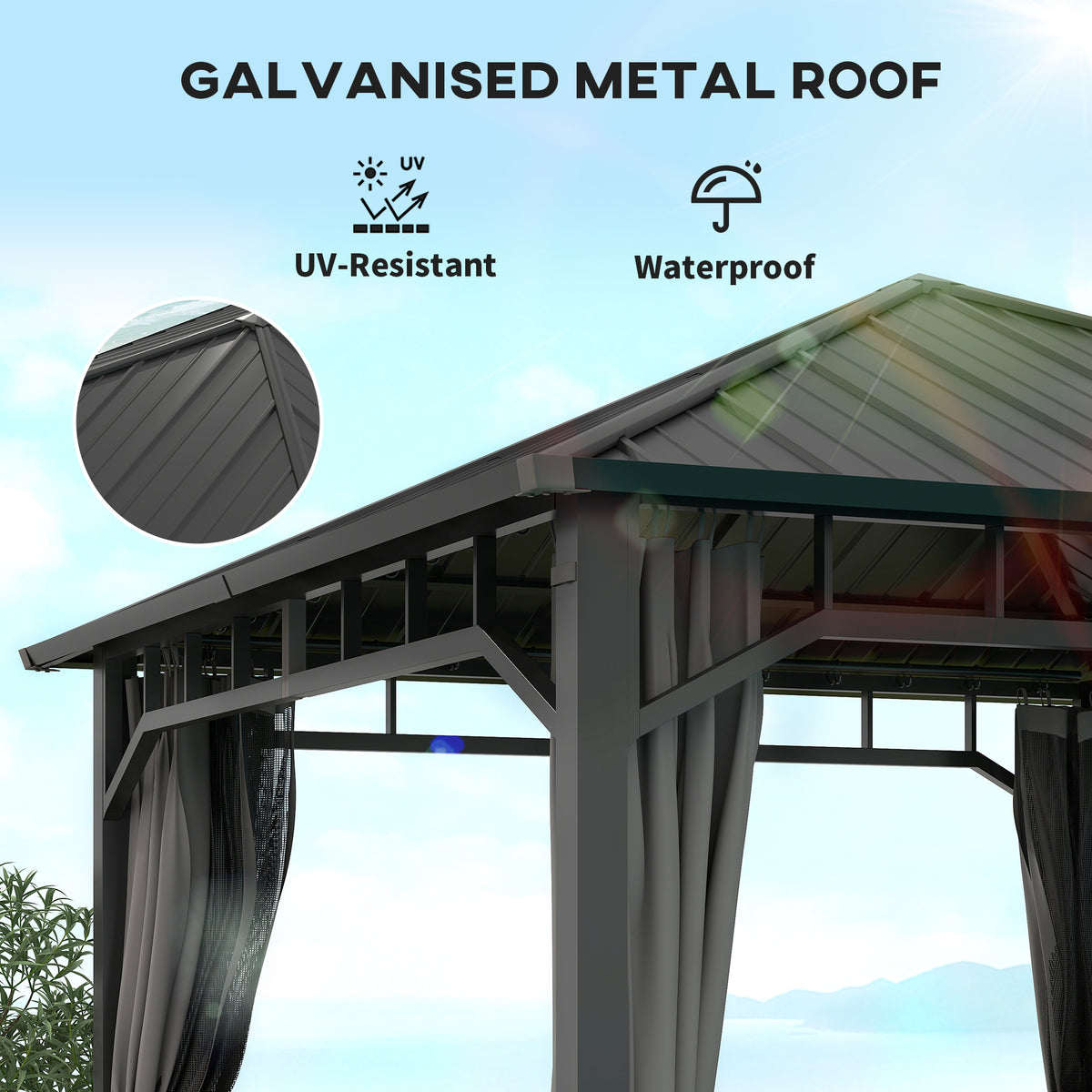 3 x 3m Hardtop Gazebo with Galvanised Steel Roof, Water Gutter, Netting & Curtains for Patio - Dark Grey