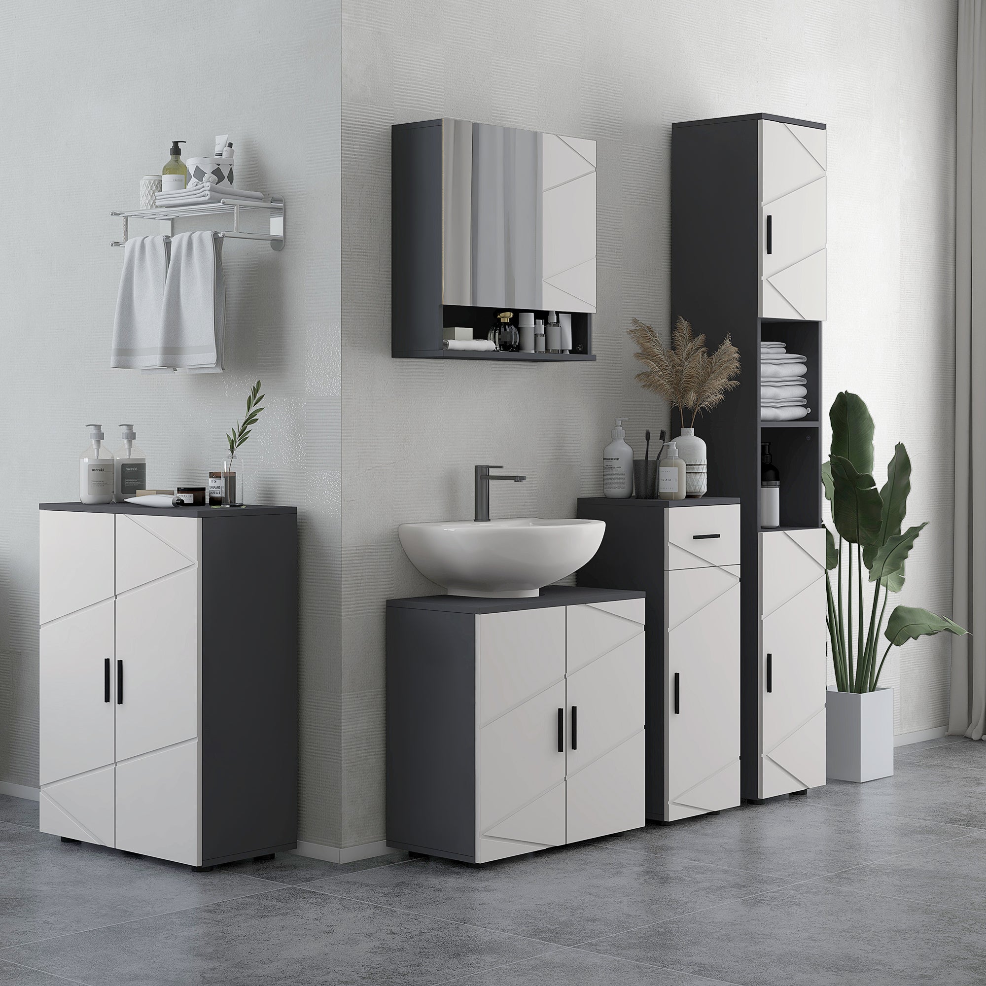 5-Piece Bathroom Furniture Set, Bathroom Storage Cabinet with Doors and Shelves, Tall and Small Floor Cabinets, Wall-mounted Mirror Cabinet, Pedestal Sink Cabinet, Grey