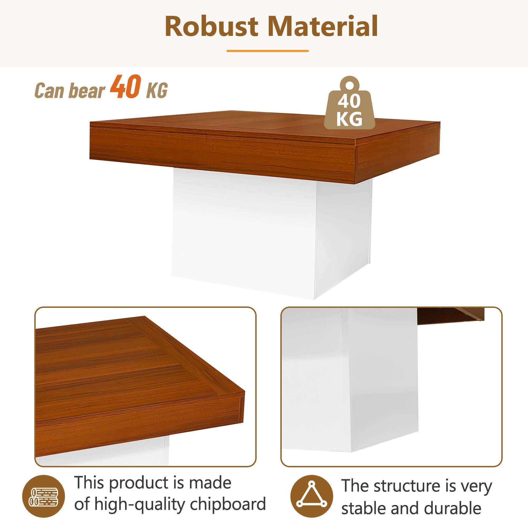 Square Coffee Table with LED Lights, Rustic Industrial Design, Particle Board, 70L x 70W x 40H cm, Brown+White