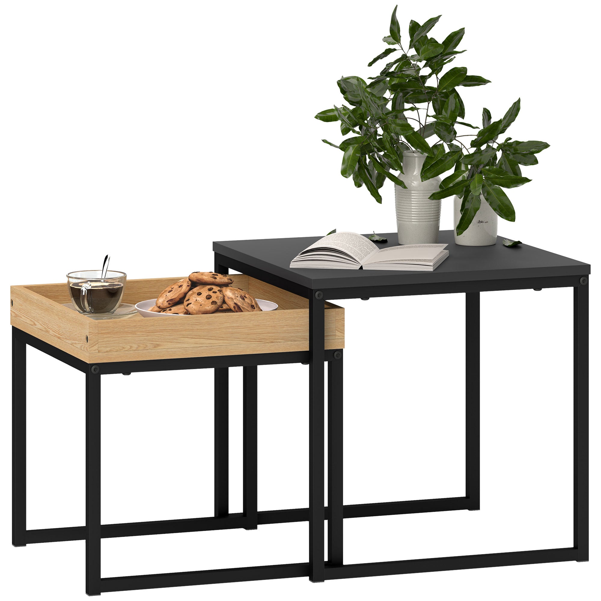 Set of Two Boxy Nesting Tables - Black/Wood-Effect