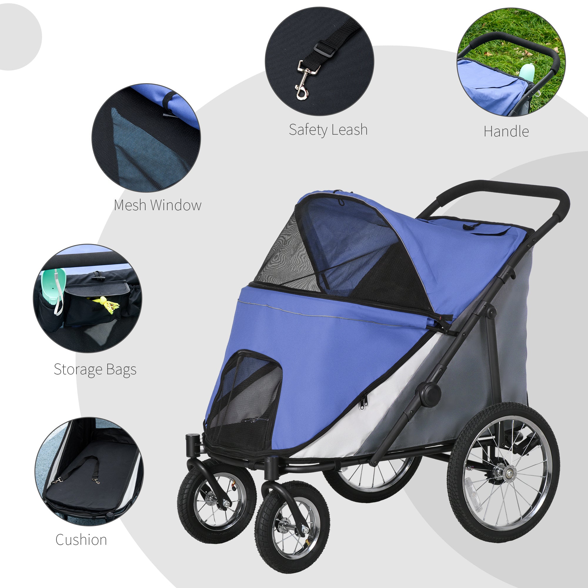 Foldable Pet Stroller, with Washable Cushion, Storage Bags, Safety Leash, for Medium, Large Dogs, Catts, Travel - Blue