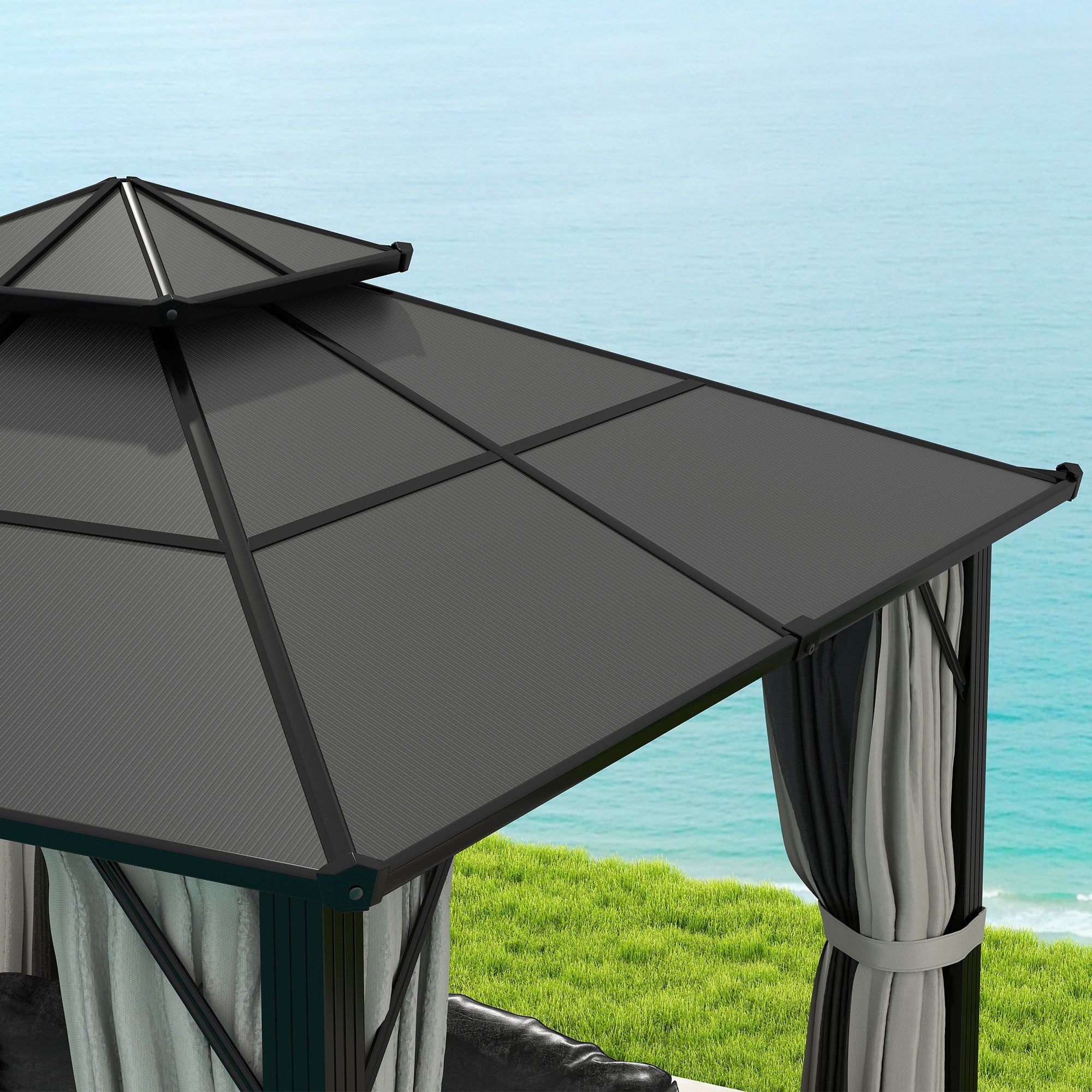 3 x 3m Hardtop Gazebo Canopy with UPF30+ Double Polycarbonate Roof, Aluminium Frame, Mosquito Netting & Curtains - Grey