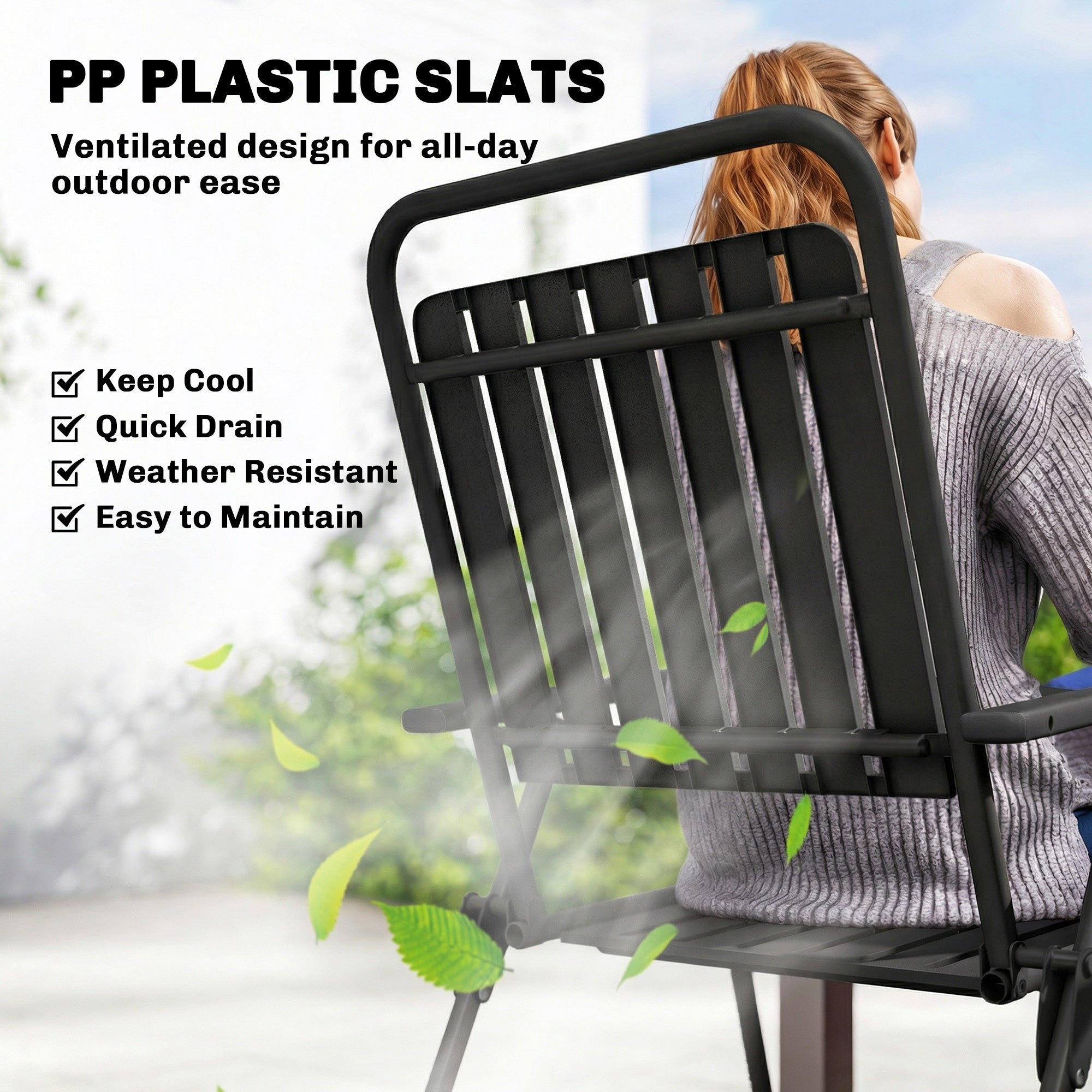 Folding Garden Chairs, Garden Dining Chairs with Plastic Slatted Seat Back, Armrests, Steel Frame, Set of 4, Black