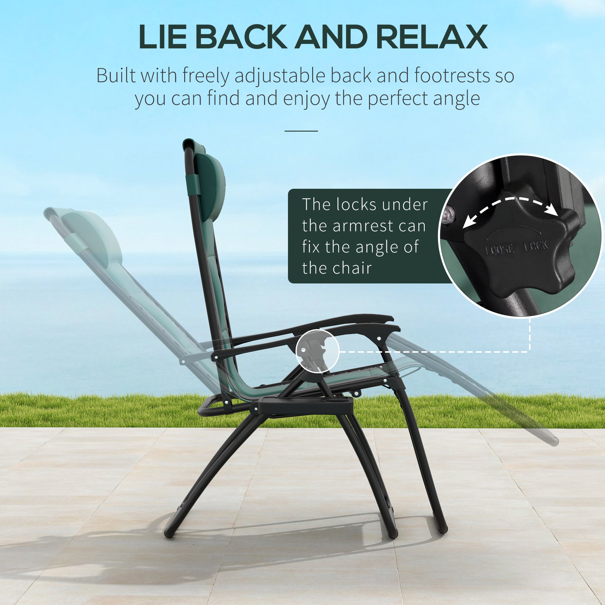 Set of 2 Zero Gravity Lounger Chairs with Padded Cushion and Cup Holder - Green