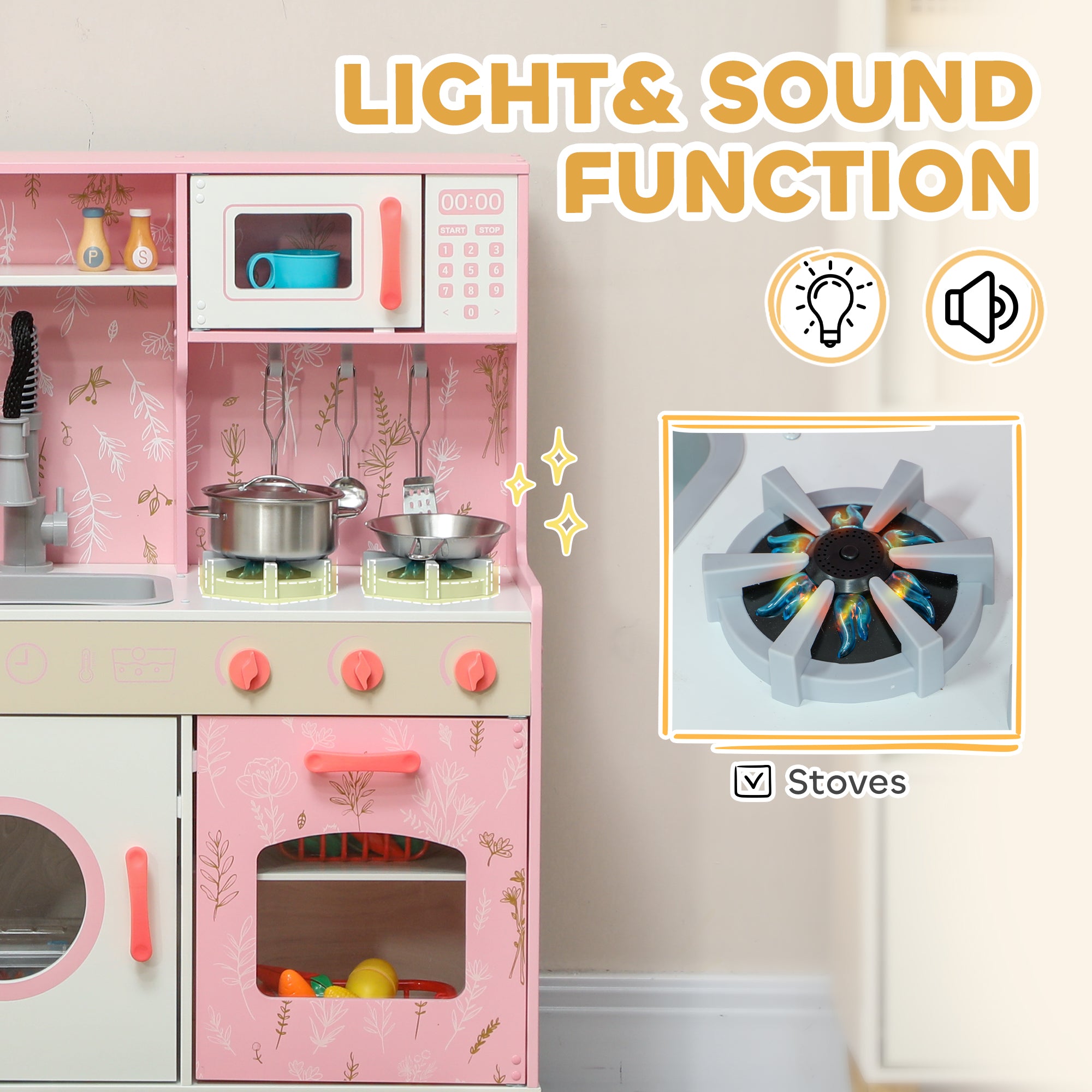 Play Kitchen, Kids Kitchen Set with Lights and Sounds, Double Stoves, Ice Maker, Chalkboard for 3+ Years - Pink