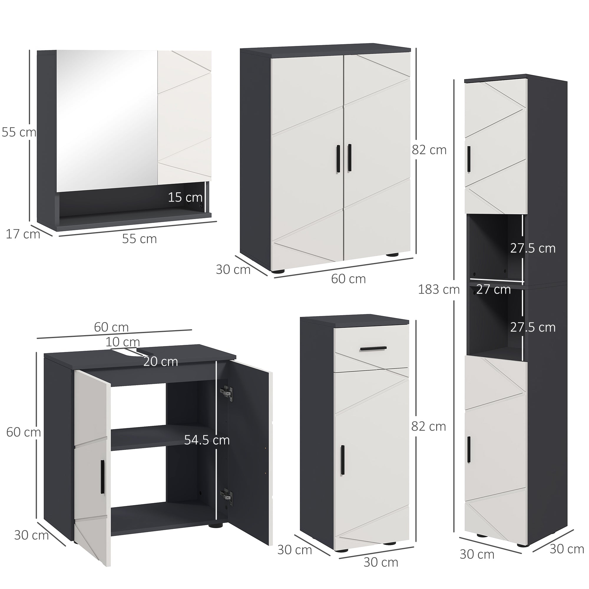 5-Piece Bathroom Furniture Set, Bathroom Storage Cabinet with Doors and Shelves, Tall and Small Floor Cabinets, Wall-mounted Mirror Cabinet, Under Sink Cabinet, Grey