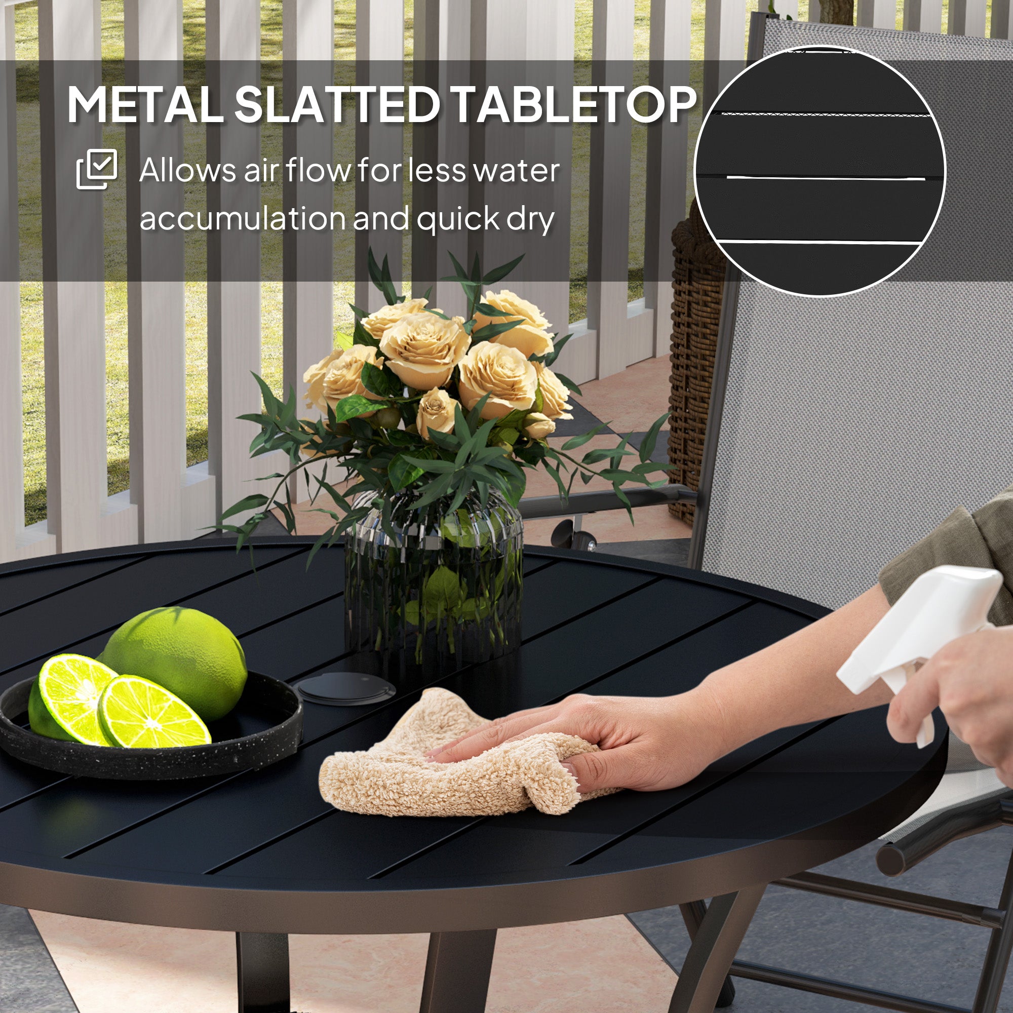 90cm Round Steel Garden Dining Table with Parasol Hole and Wire Shelf - Black