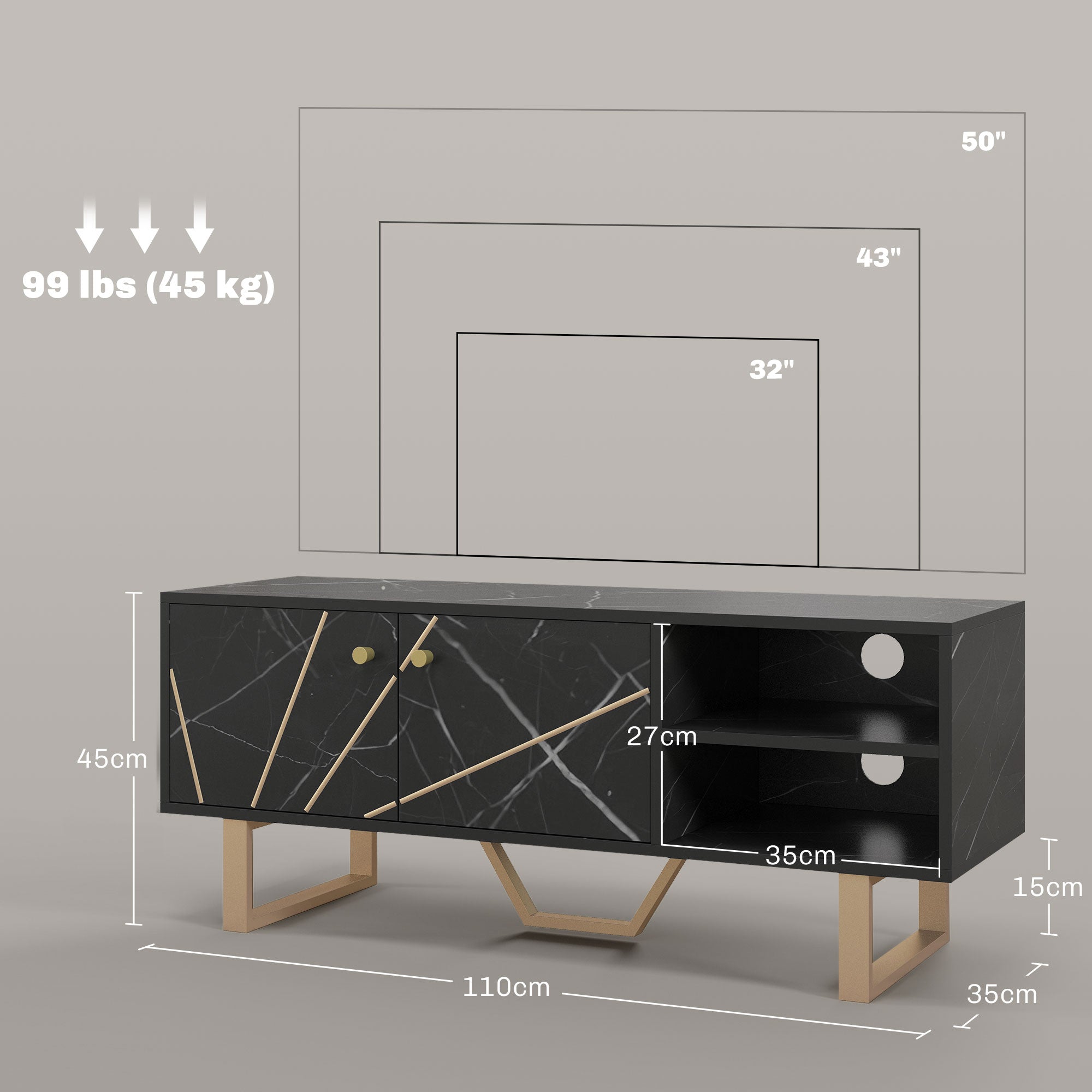 TV Stand Cabinet for TVs up to 50 Inches with Storage Shelves and Cupboard - Black Marble Tone