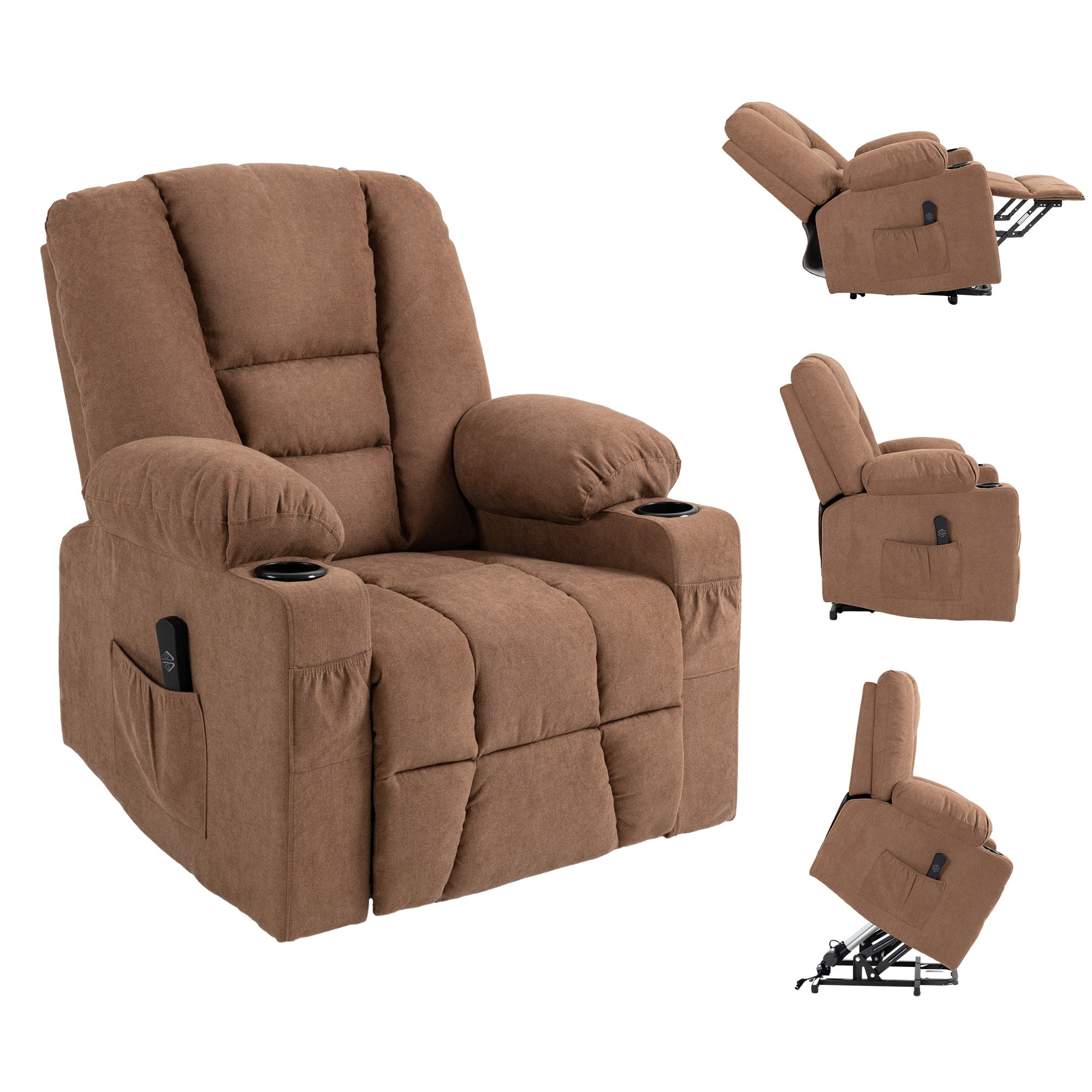 Oversized Riser and Recliner Chairs for the Elderly, Fabric Upholstered Lift Chair for Living Room with Remote Control, Side Pockets, Cup Holder, Brown