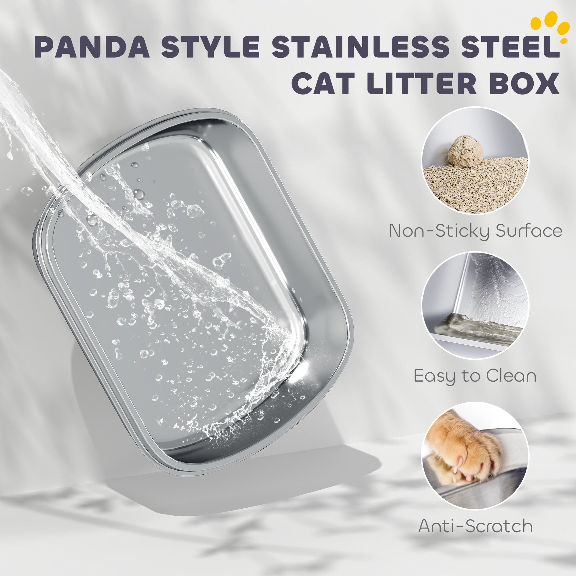 Panda Style XL Stainless Steel Cat Litter Box with Lid, Enclosed Kitty Litter Box with Scoop, 60 x 40 x 45 cm
