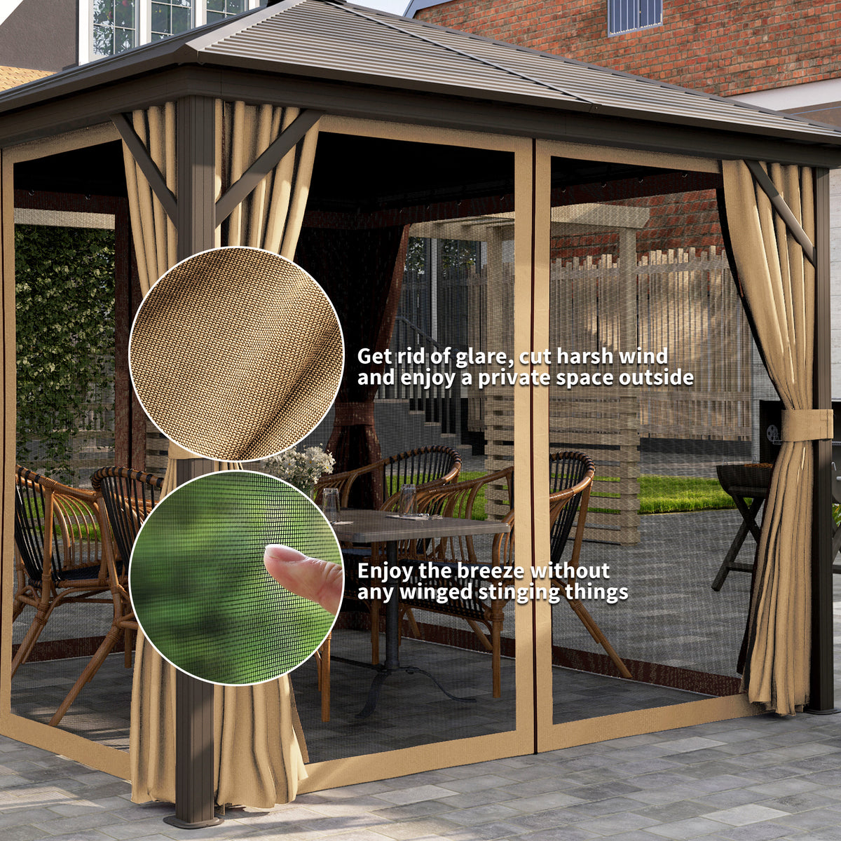 3 Piece Metal Hardtop Gazebo with Curtains and Accessories - Brown