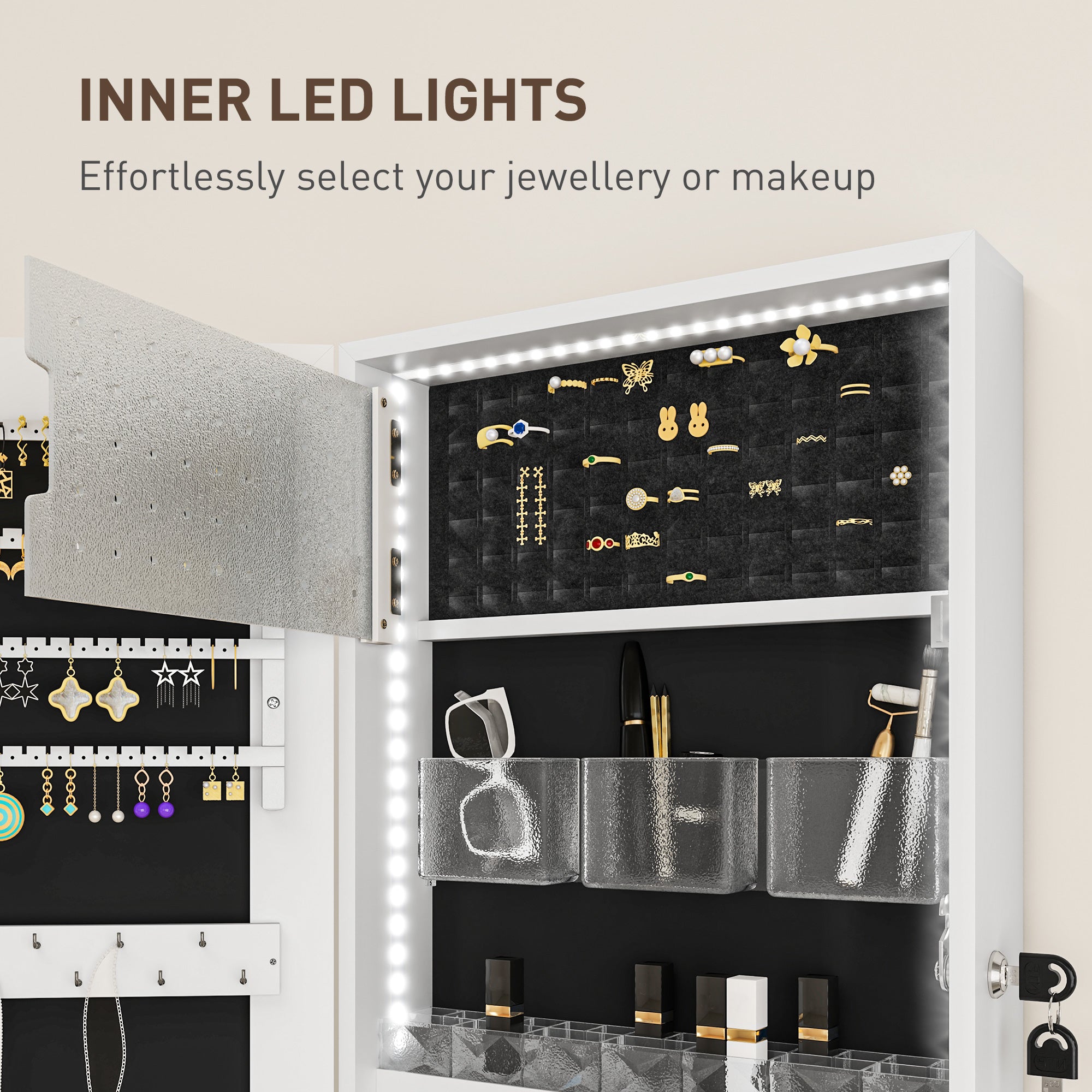 Lockable 108 x 37cm Jewellery Cabinet with LED Lights and Mirror - White/Black