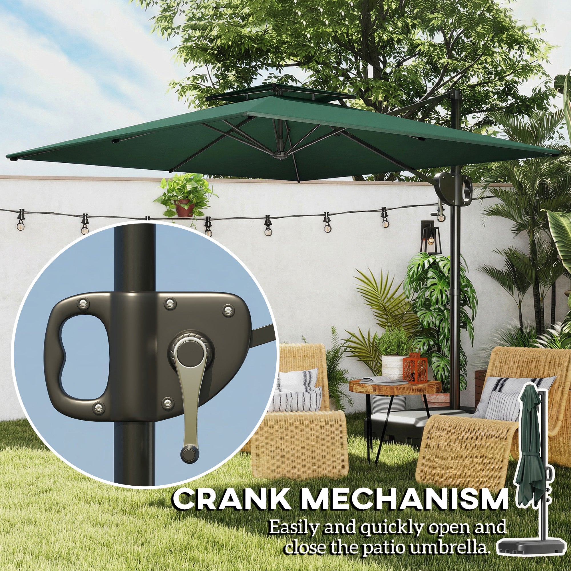 Cantilever Parasol with Weighted Base Double Top Garden Parasol Square Hanging Patio Umbrella with Crank Tilt Dark Green