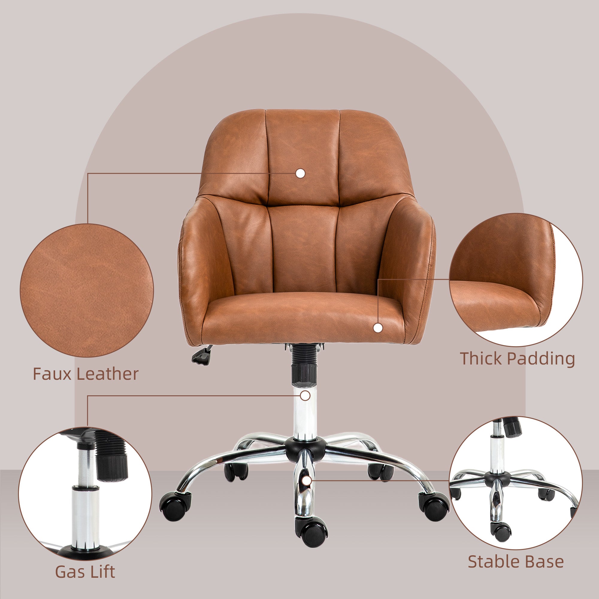 Faux Leather Tub Office Chair, with Wheels - Brown