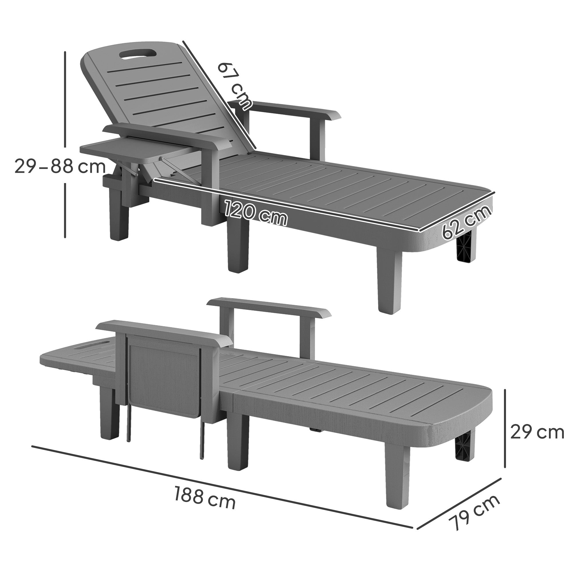 Set of 2 Resin Reclining Sun Loungers for Garden, 5 Positions Adjustable Outdoor Chaise Lounge Chairs with Wood Texture Surface, Armrests, Foldable Side Table for Garden, Beach, Dark Grey